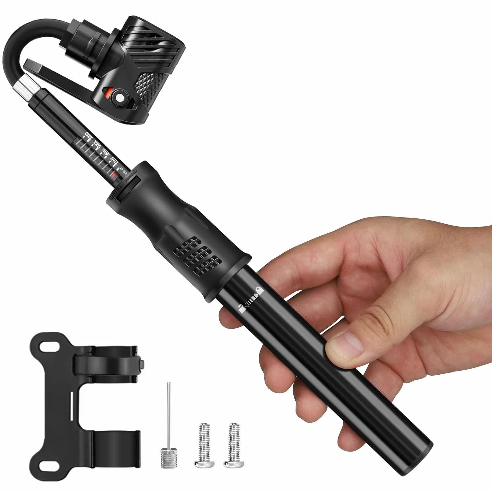 Pompe a Velo Avec Manometre, Mini Pompe à Main 100Psi, Portable Gonfleur Velo Double Soupape