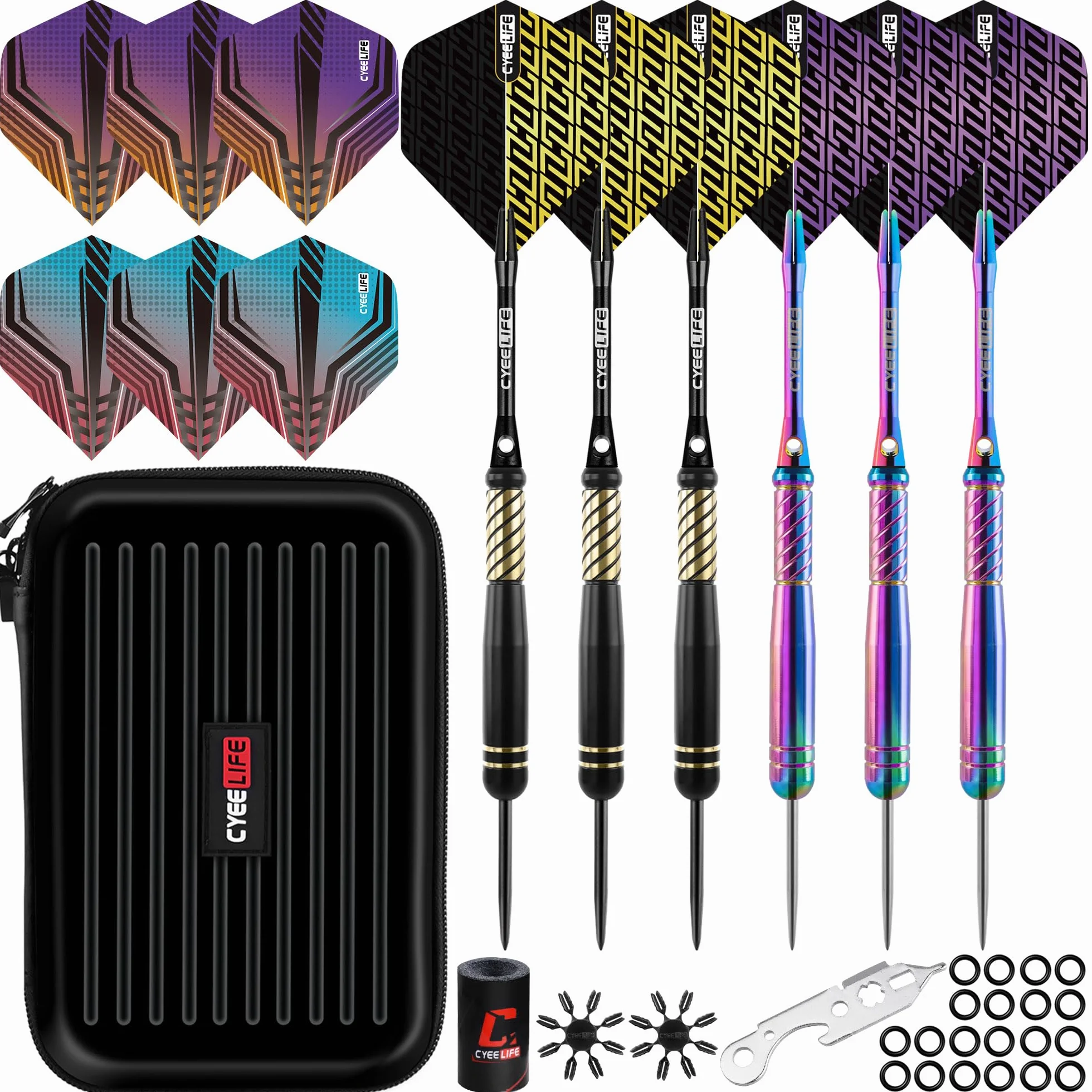 CyeeLife Set de Fléchettes Professionnel 20g Acier avec Dart Case, 6 Tiges Alu, 12 Vols, 20 Anneaux Anti-Dévisageage