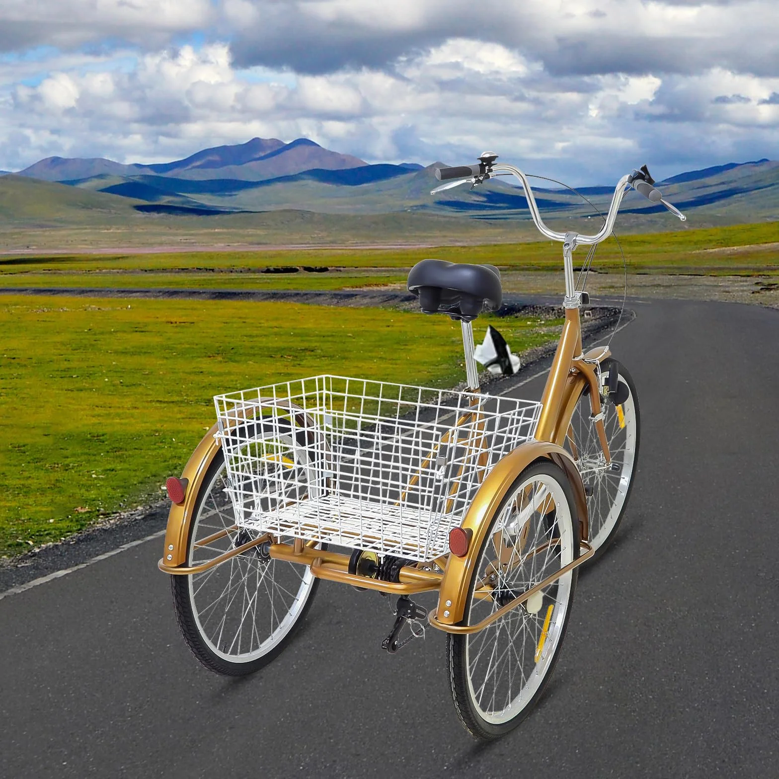 Tricycle pour adultes 24 pouces 6 vitesses avec lumière et panier à provisions