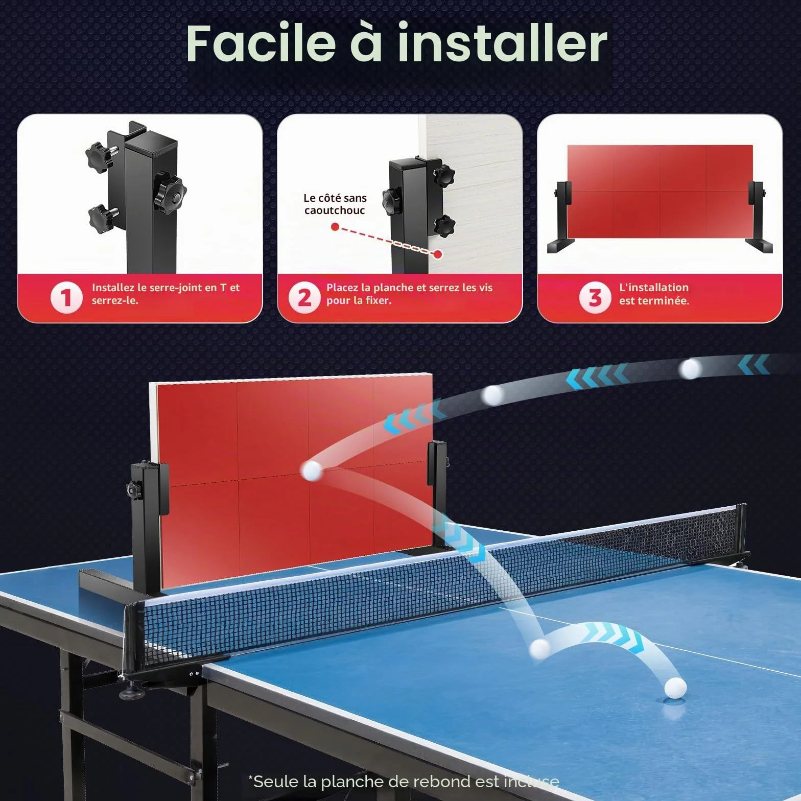 Ping Pong Rebounder Planche de tennis de table rebond avec 8 caoutchoucs rouges, équipement d'auto-entraînement pour la maison, la gym, l'intérieur et l'extérieur