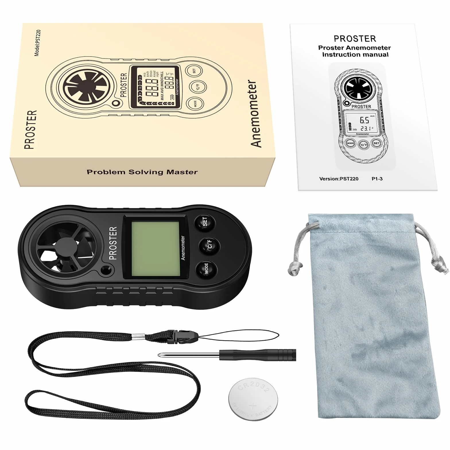 Proster Anémomètre Portable Numérique Écran LCD sans Fil Mesure Vitesse Température Vent 5 Unités