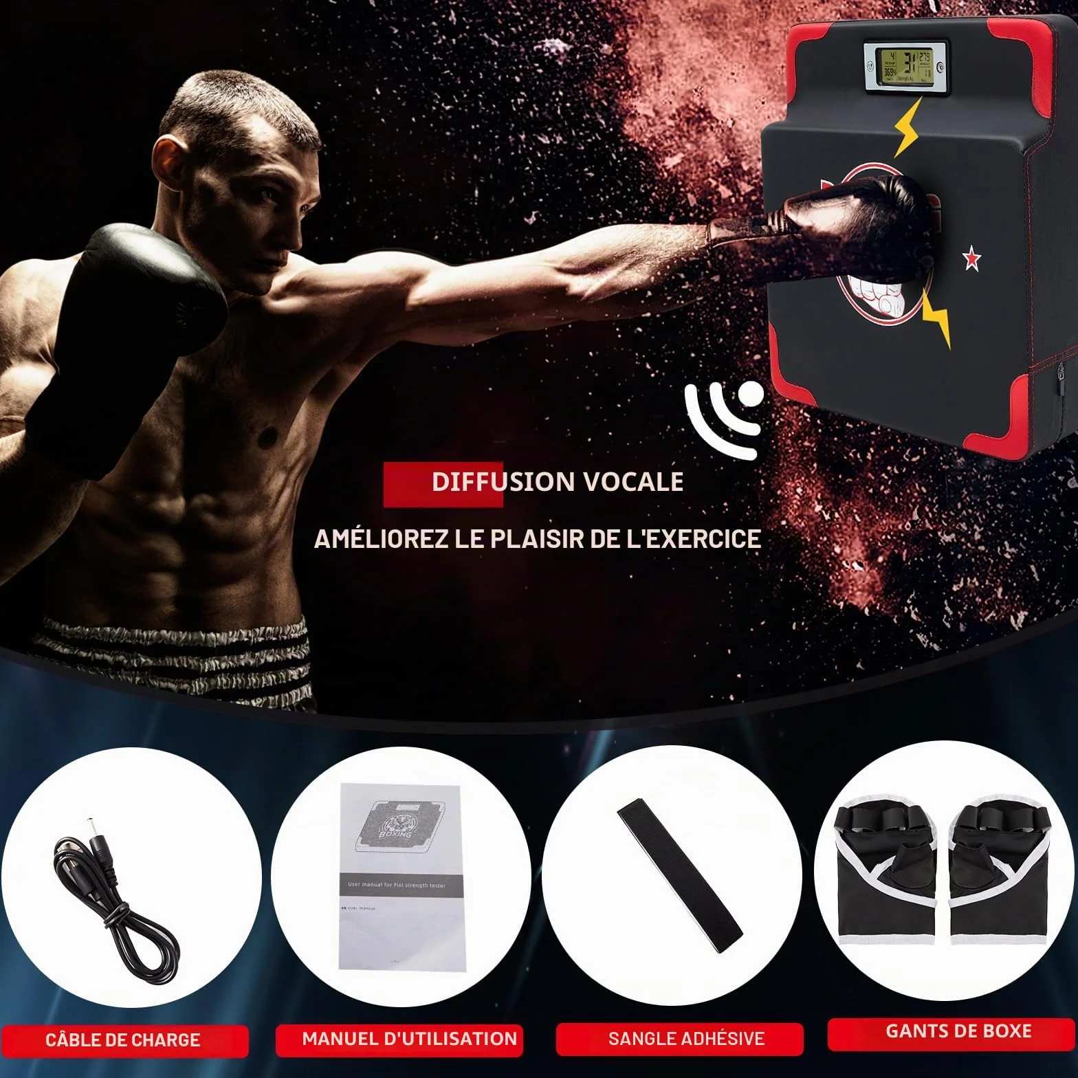 Hoteam Testeur de force de frappe avec capteur de force de frappe réglable en hauteur - Équipement d'entraînement de boxe mural - Machine de boxe pour adulte et enfant