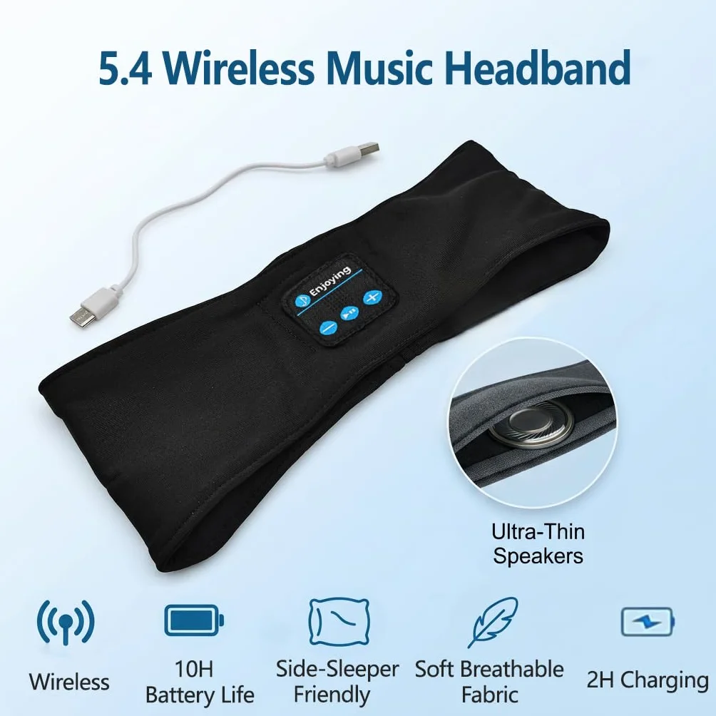 Casque de Sommeil Bandeau Bluetooth 5.4, Écouteurs Ultra-Fins HD Rechargeables USB, Anti Bruit Stéréo pour Sport Running Yoga Voyage(Noir)