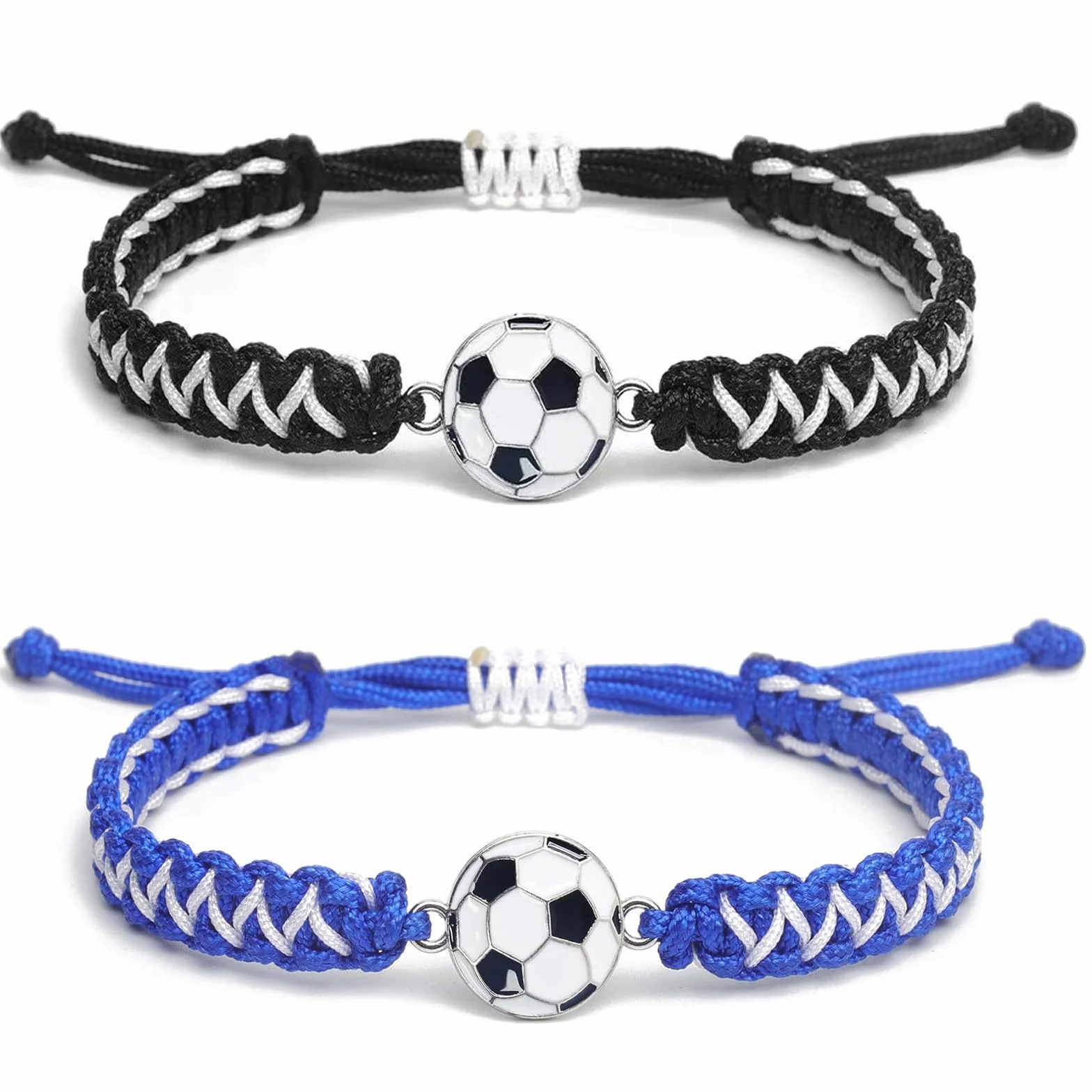 Bracelets Football Tressés pour Garçon Lot de 2 Ajustable 14-28cm Noir/Blanc Bleu/Blanc