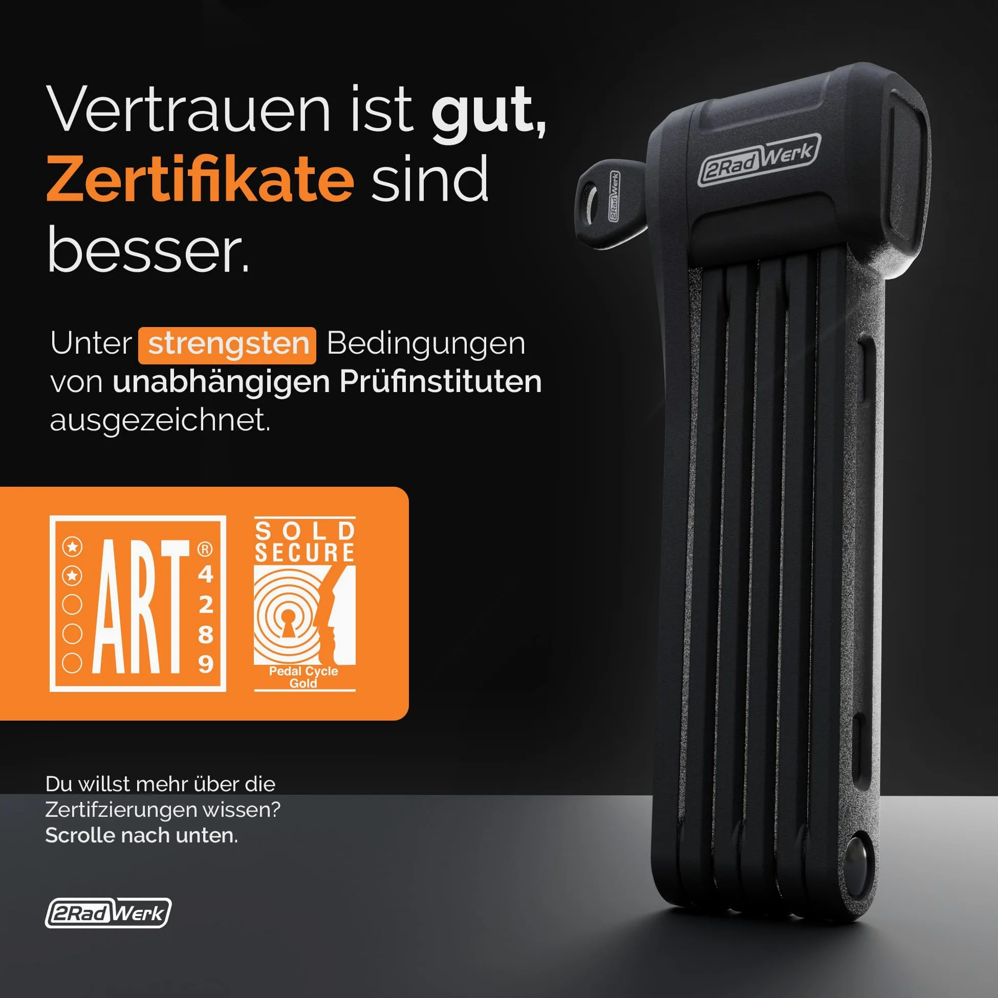 2Radwerk Antivol de vélo Secure Fold Pro - Antivol pliable certifié ART avec mécanisme Ultra Lock - Antivol pliable pour vélo électrique - Antivol pliable pour vélo électrique avec support