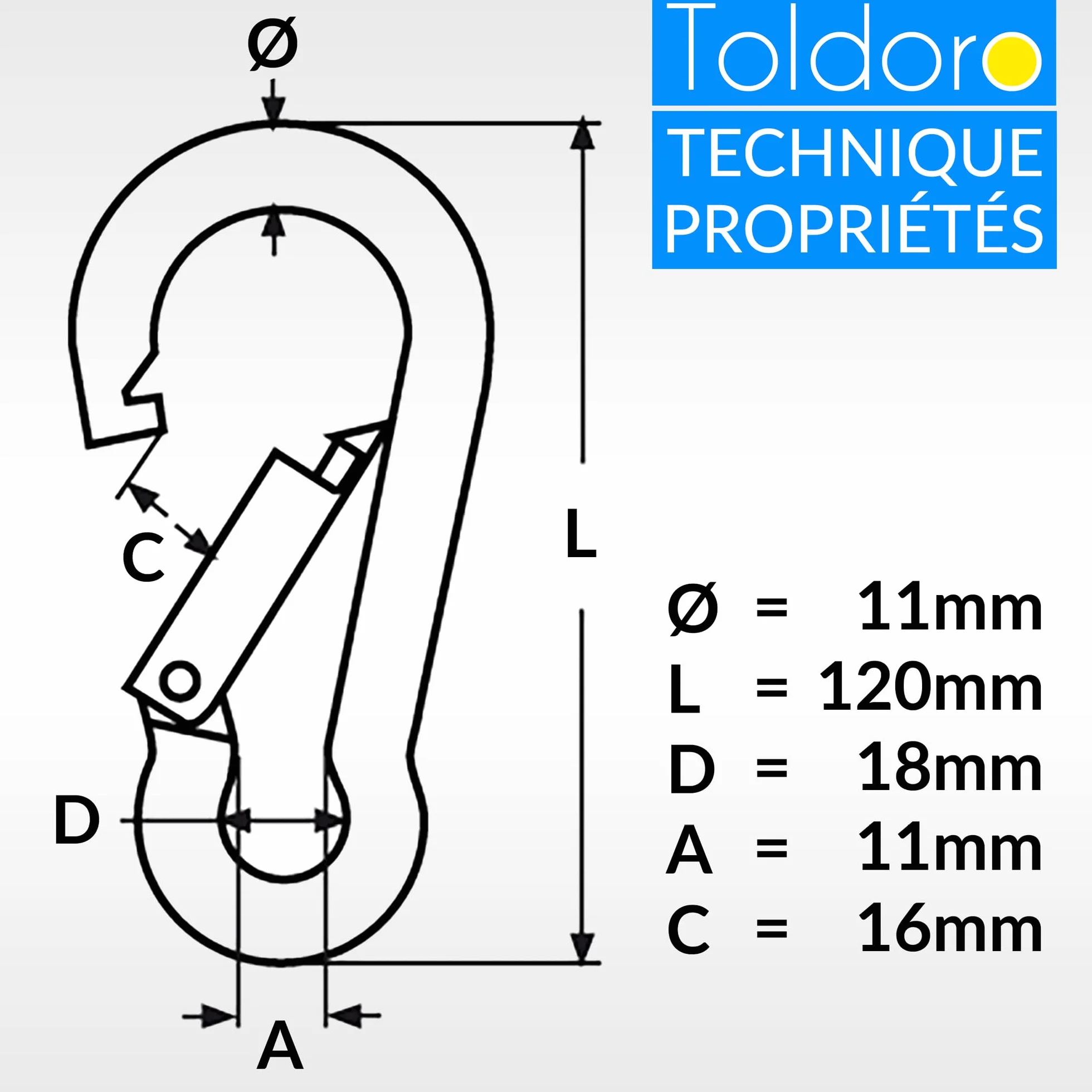 Toldoro Mousqueton 11x120mm Acier Inoxydable AISI 316 V4A Grande Taille