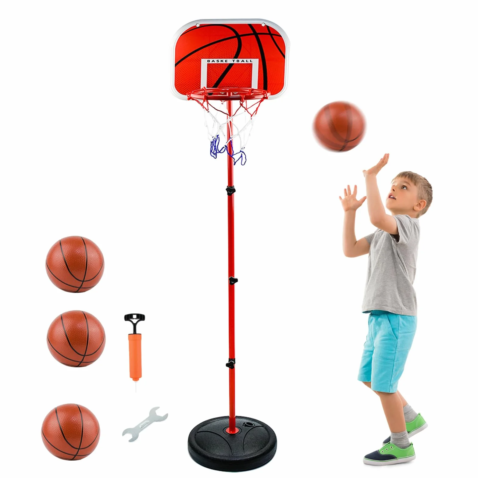 AolKee Panier Basket Enfant Portable 50-150cm Réglable Intérieur Extérieur avec 3 Balles Filet Pompe