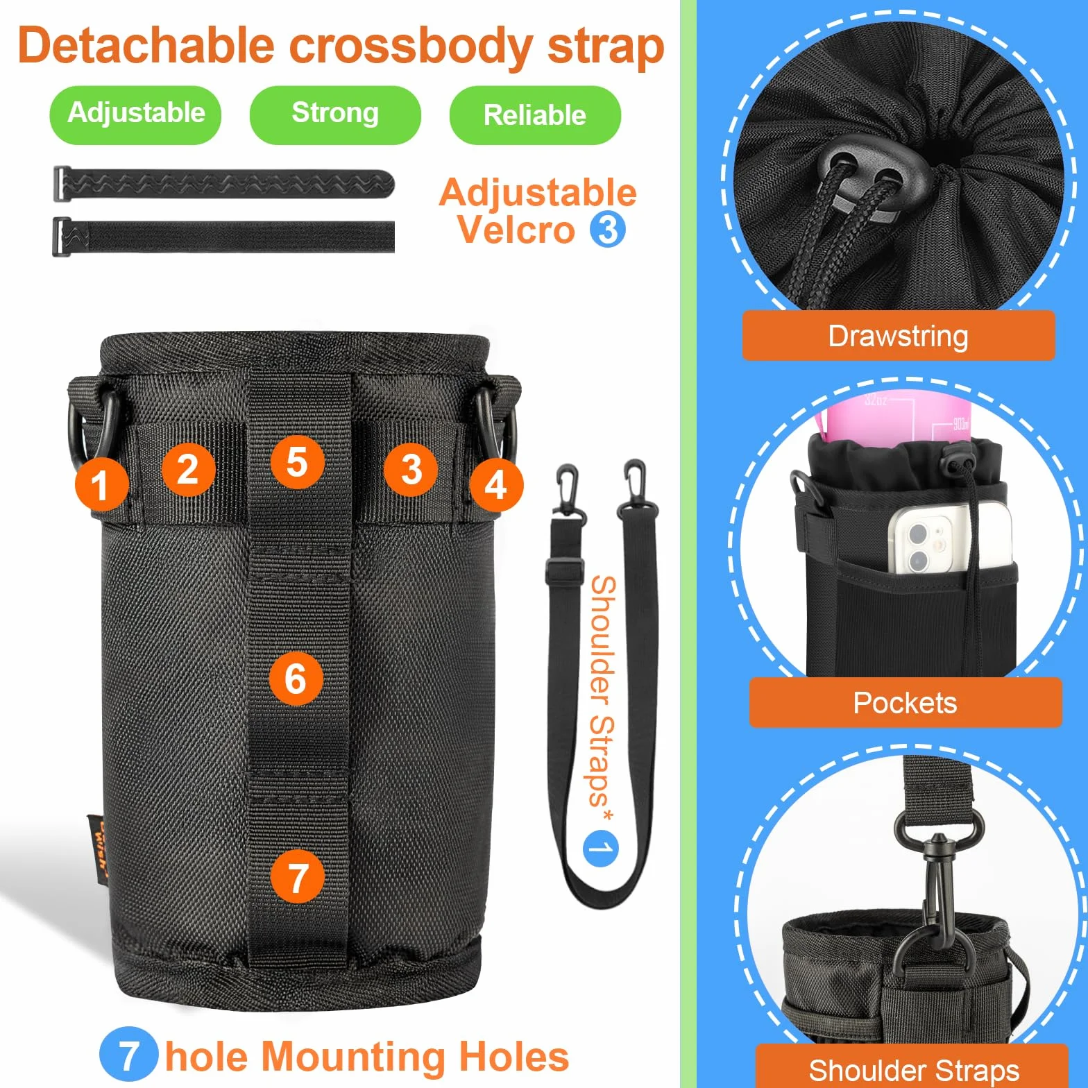 Porte Gourde Velo 12-24oz Sans Vis avec Poche en Maille et Bandoulière pour Bouteille de Vélo