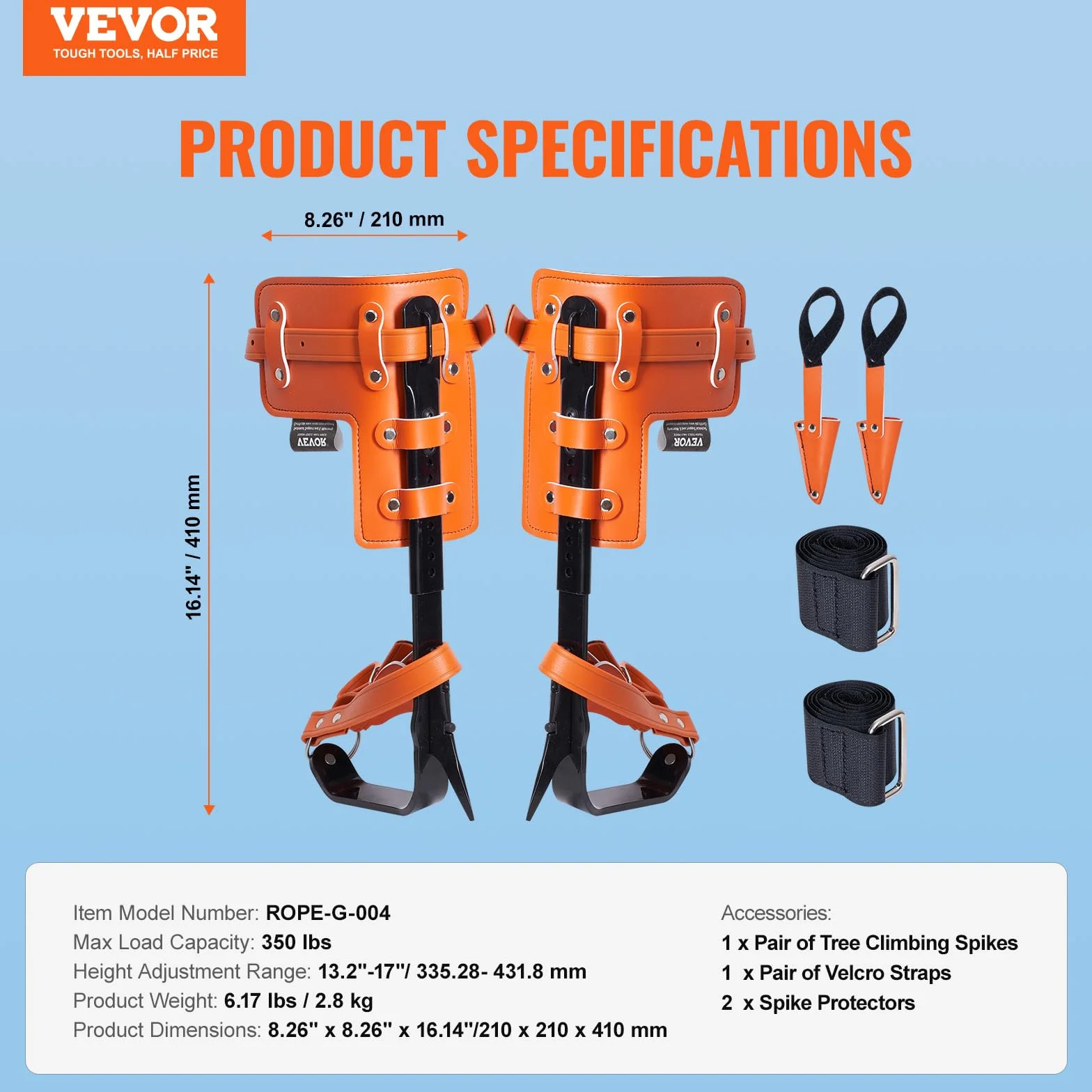 VEVOR Pointes d'escalade d'arbre, 1 paire, crampons acier allié, charge 158 kg, équipement avec sangles et protecteurs