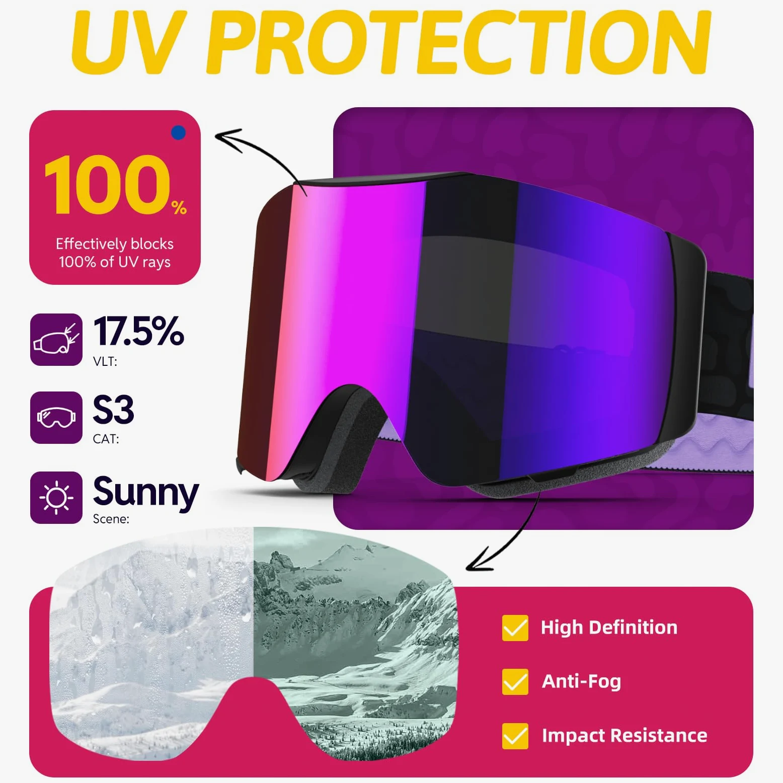 JUBAO Lunettes de ski Flip-Up pour homme et femme, anti-buée, magnétique, OTG pour désembuage instantané, protection UV400