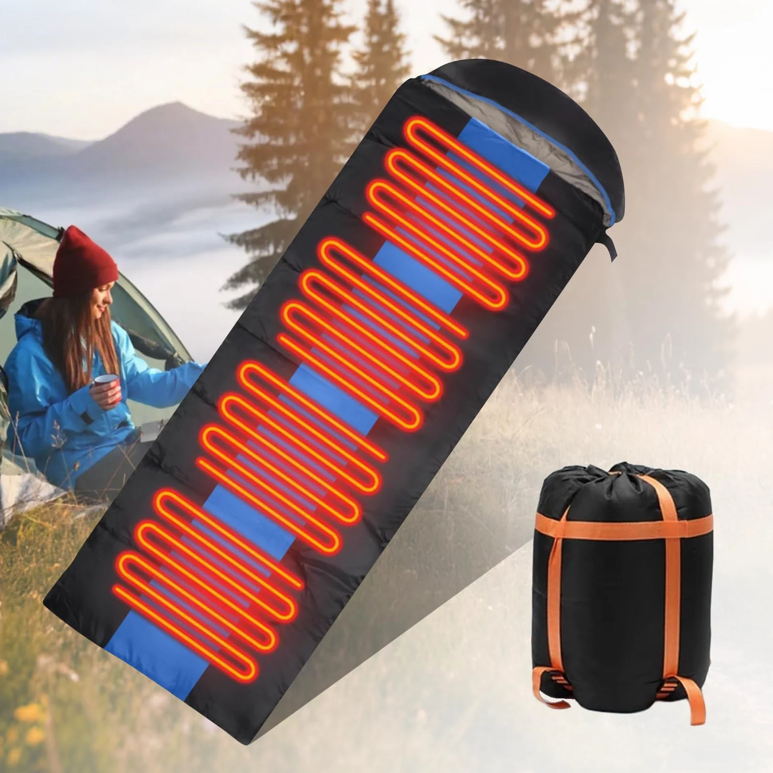 Sac de couchage 3-4 saisons pour adultes et enfants, léger et compact, lavé à l'eau pour le camping, la chasse, etc. (noir et orange)