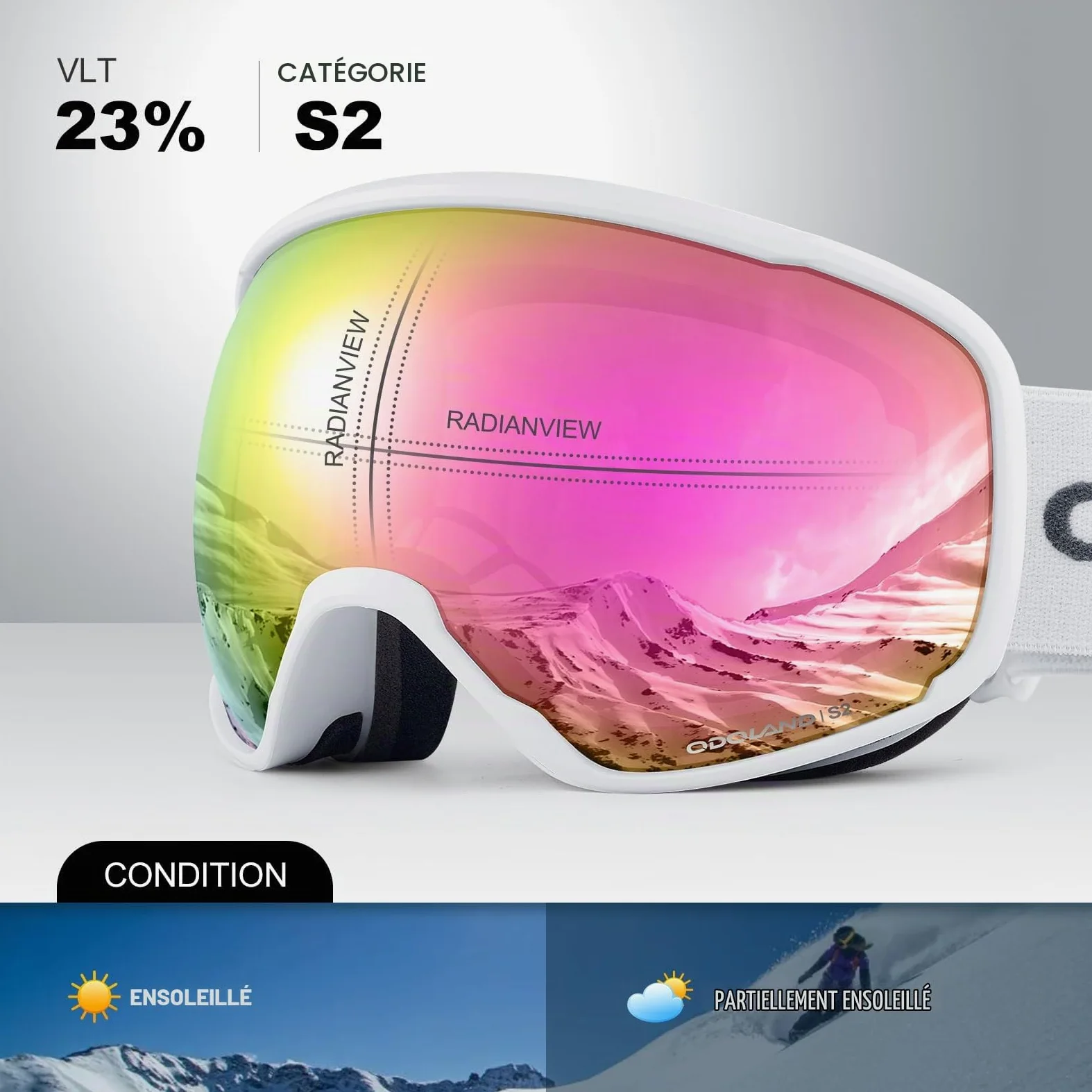 Odoland Lunettes de Ski Masque de Snowboard pour Homme & Femme Anti-UV400, Anti-Buée, Coupe-Vent, Lunettes de Protection avec Lentille Sphérique