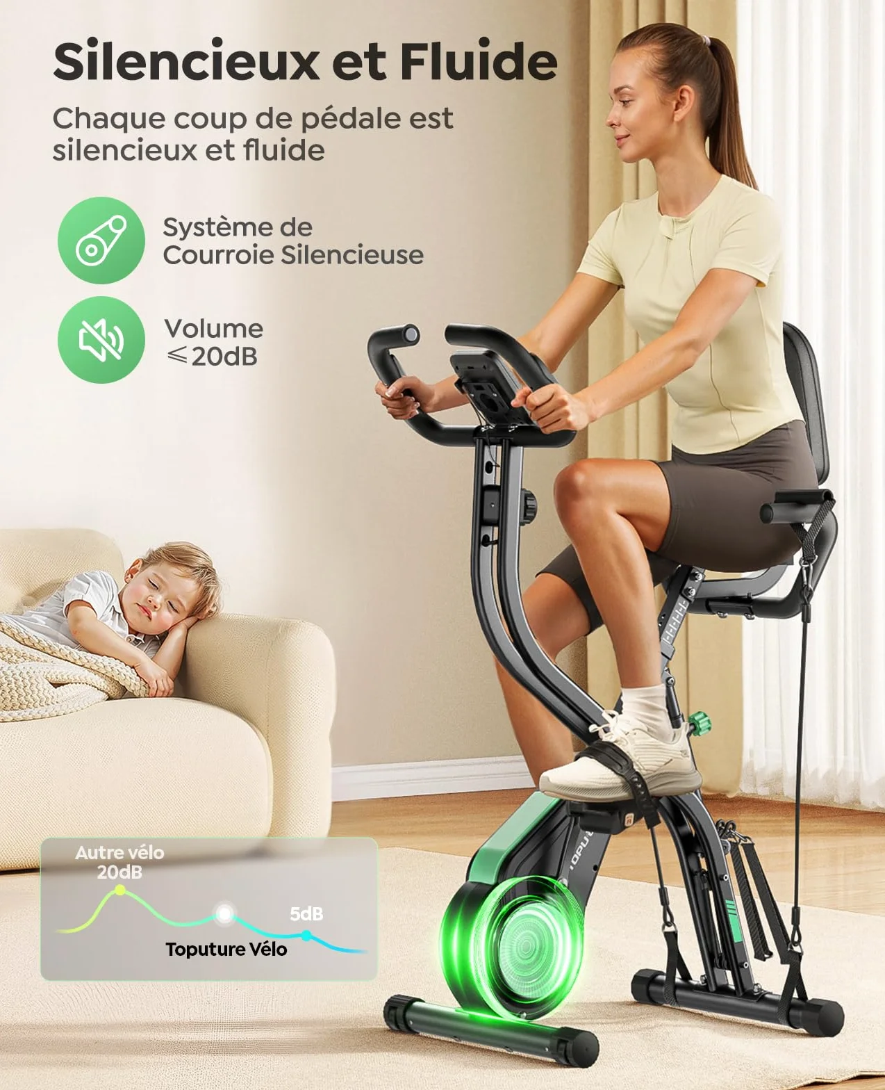 TOPUTURE Vélo d'Appartement Pliable 5-en-1, 16 Niveaux Résistance Magnétique, Moniteur LCD, Compatible APP, 140 kg