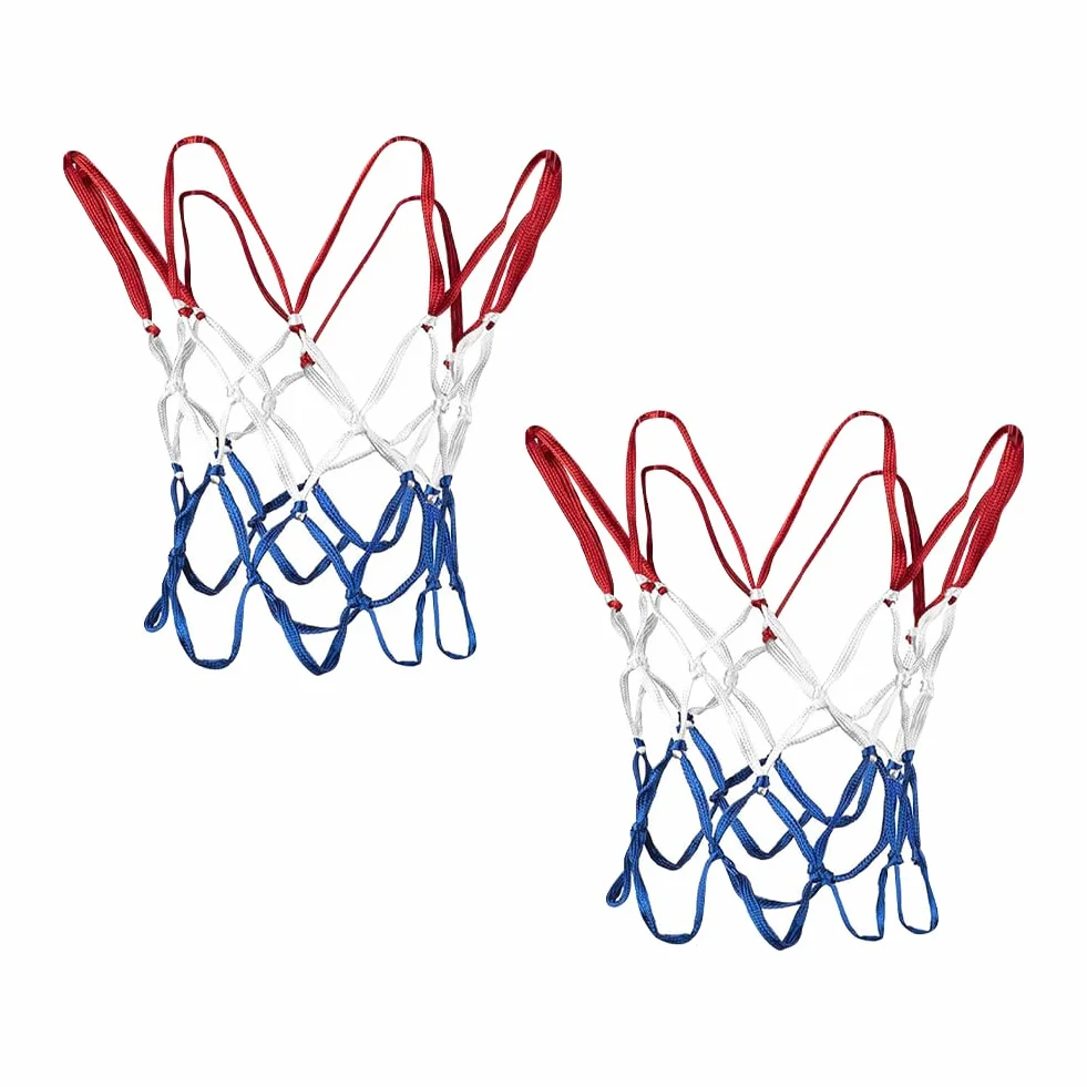 Lot de 2 filets de basket-ball à 8 boucles, rouge, blanc et bleu, extérieur