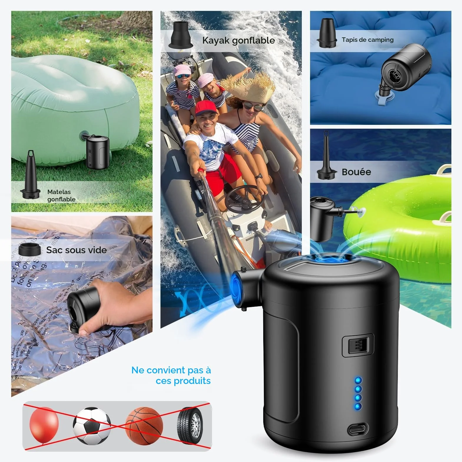 Gonfleur Électrique 6000mAh Rechargeable Pompe à Air avec 5 Buses pour Matelas Gonflable Bateau