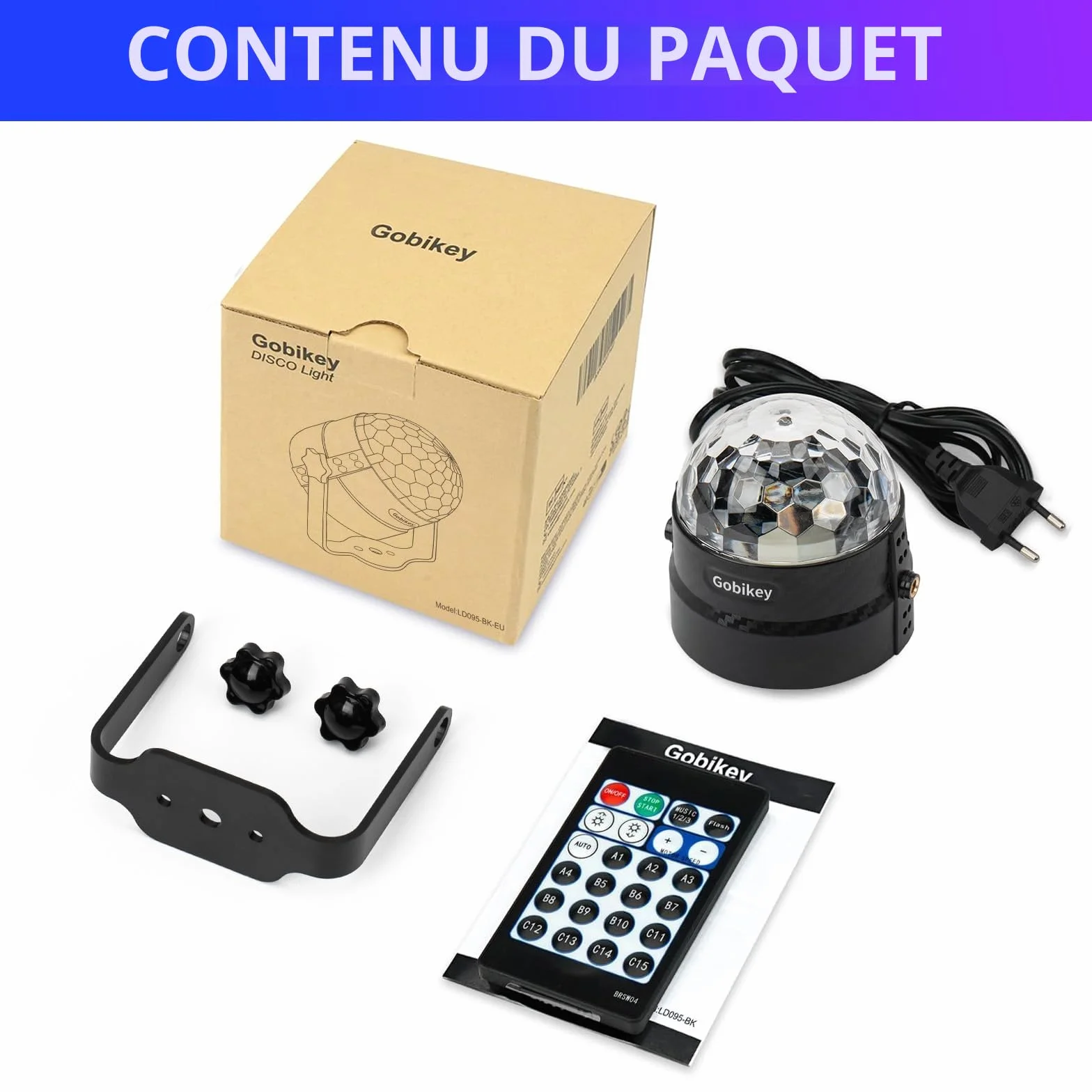 Boule disco 360° rotation contrôlée par musique RGBP 15 couleurs avec télécommande câble 2 mètres