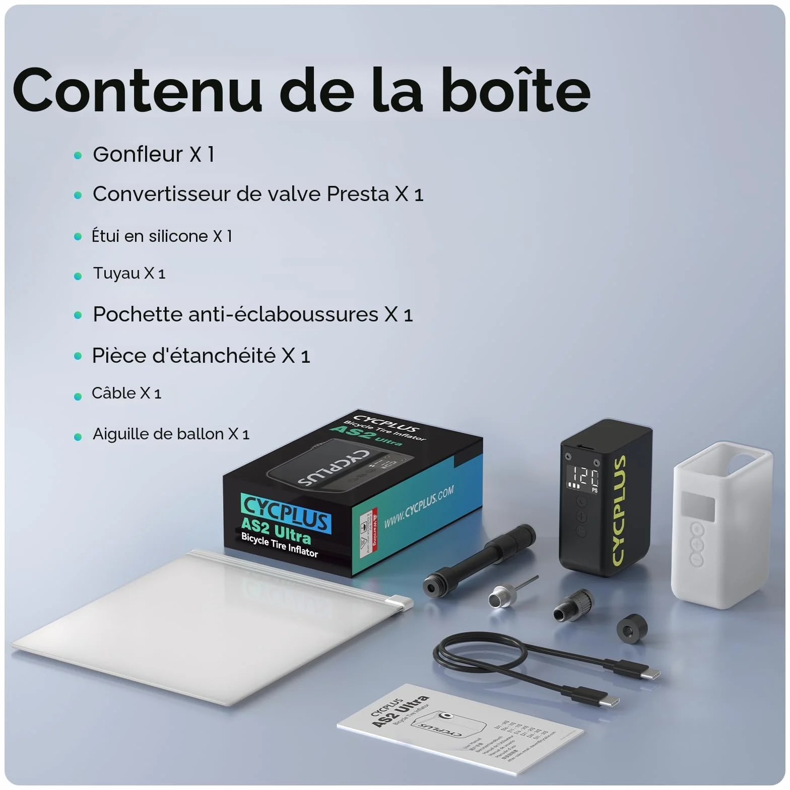 CYCPLUS AS2 Ultra Pompe à Vélo Électrique Compacte 120 PSI Manomètre Arrêt Automatique Valves Presta Schrader