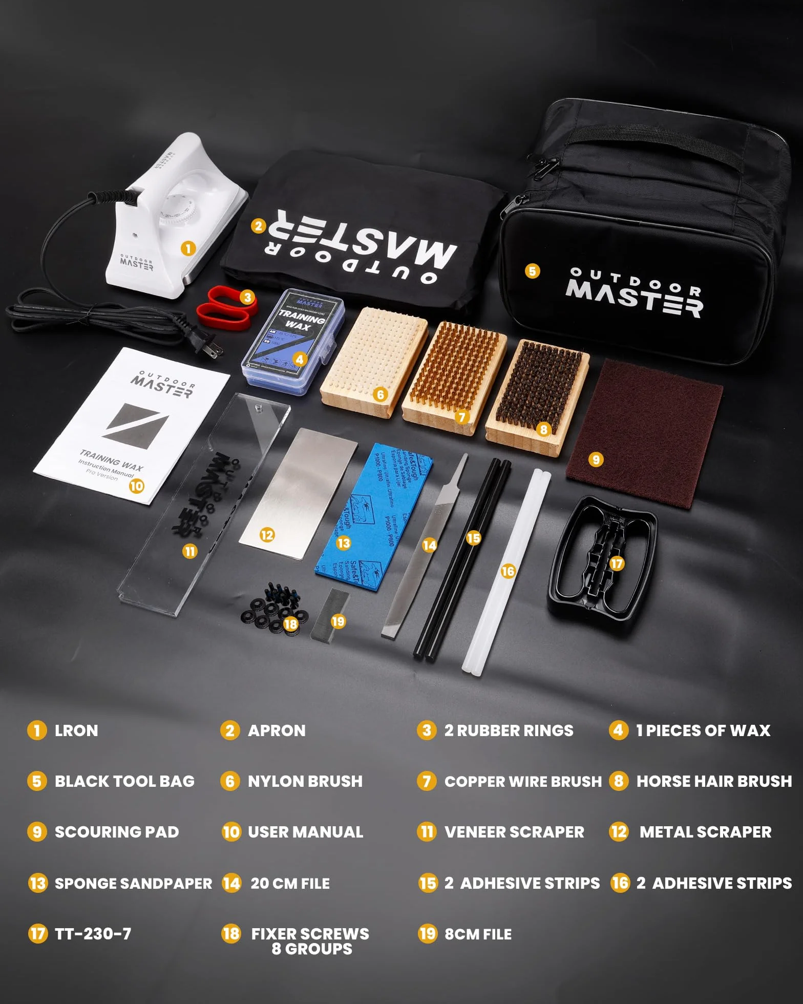 OutdoorMaster Kit de réglage et d'épilation à la cire pour ski et snowboard avec fer à cirer, cire universelle, accordeur de bord, brosse, grattoir de cire, Ptex, vis de fixation, bande en caoutchouc