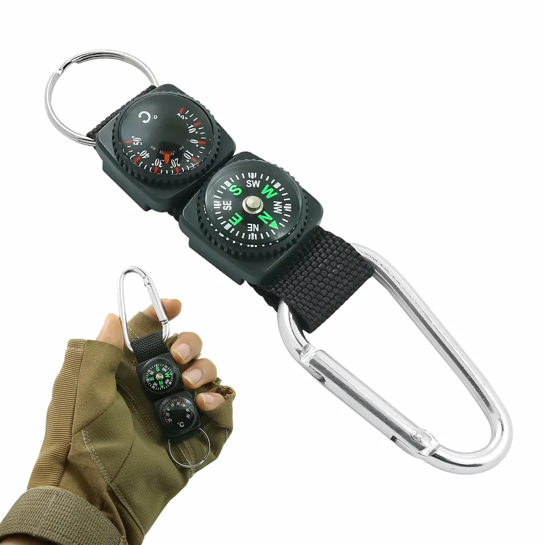 Porte-clés Boussole avec Thermomètre Multifonctionnel pour Randonnée Camping Extérieur