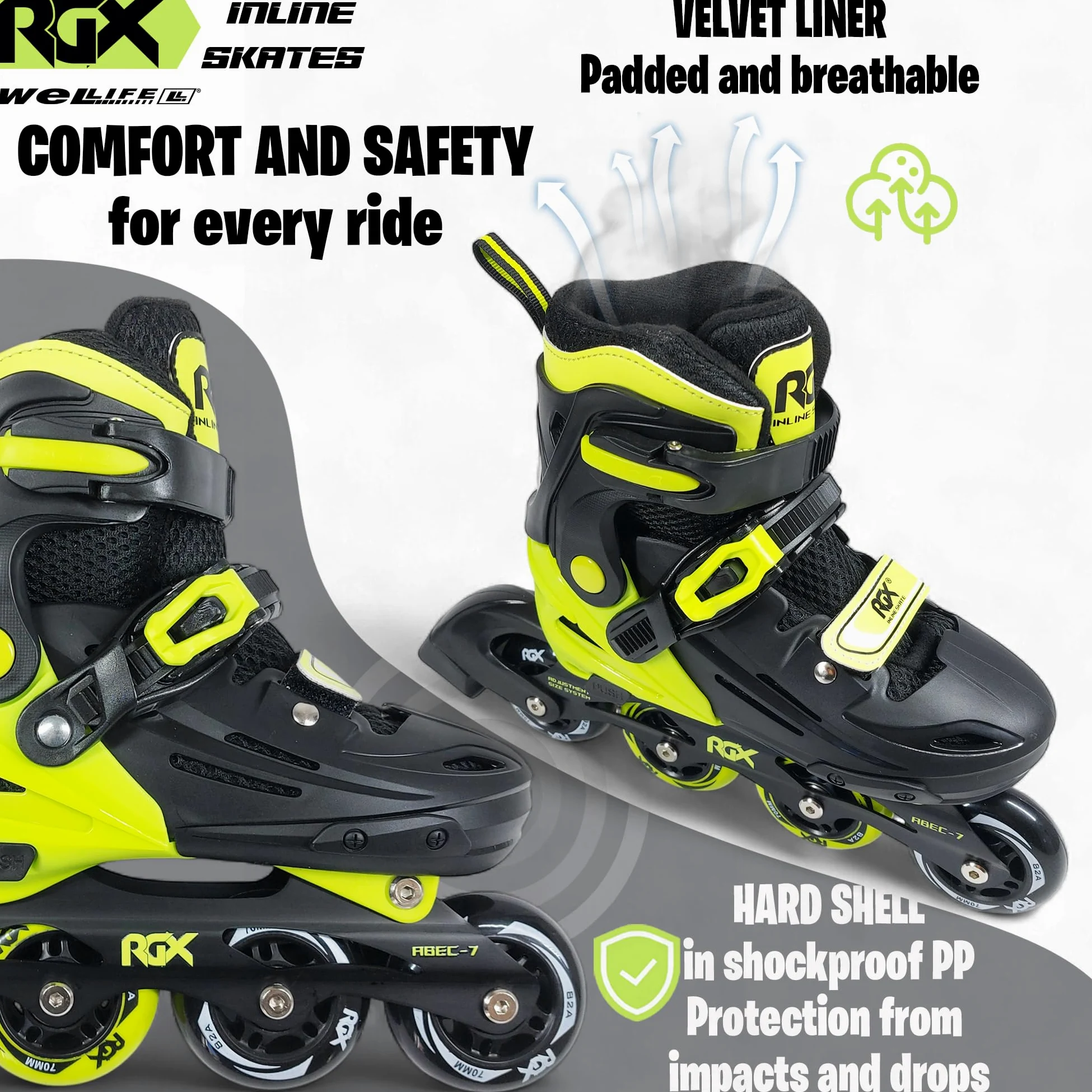 WeLLIFE RGX Patins en ligne réglables pour enfants et adolescents 4 tailles | Double configuration des roues pour débutants | Coque rigide et doublure en velours | plaque aluminium | roulements ABEC-7
