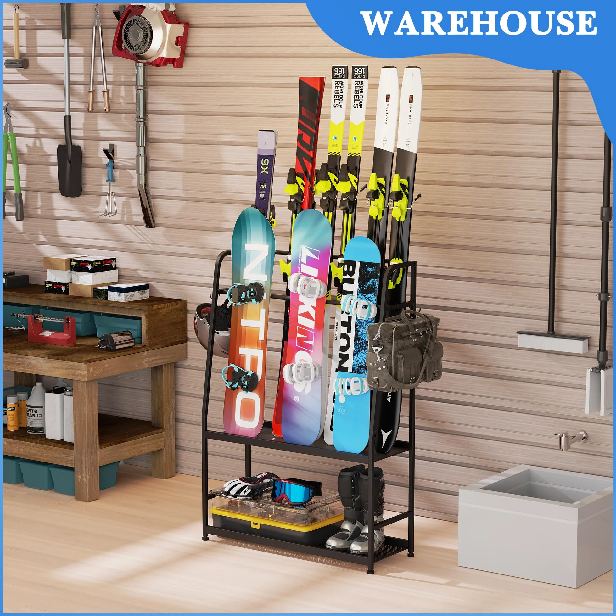 Support de ski pour le garage, étagère de rangement pour skis, snowboard, chaussures de ski, bâtons de ski, lunettes de ski et casques, organiseur de ski pour le garage ou la cave