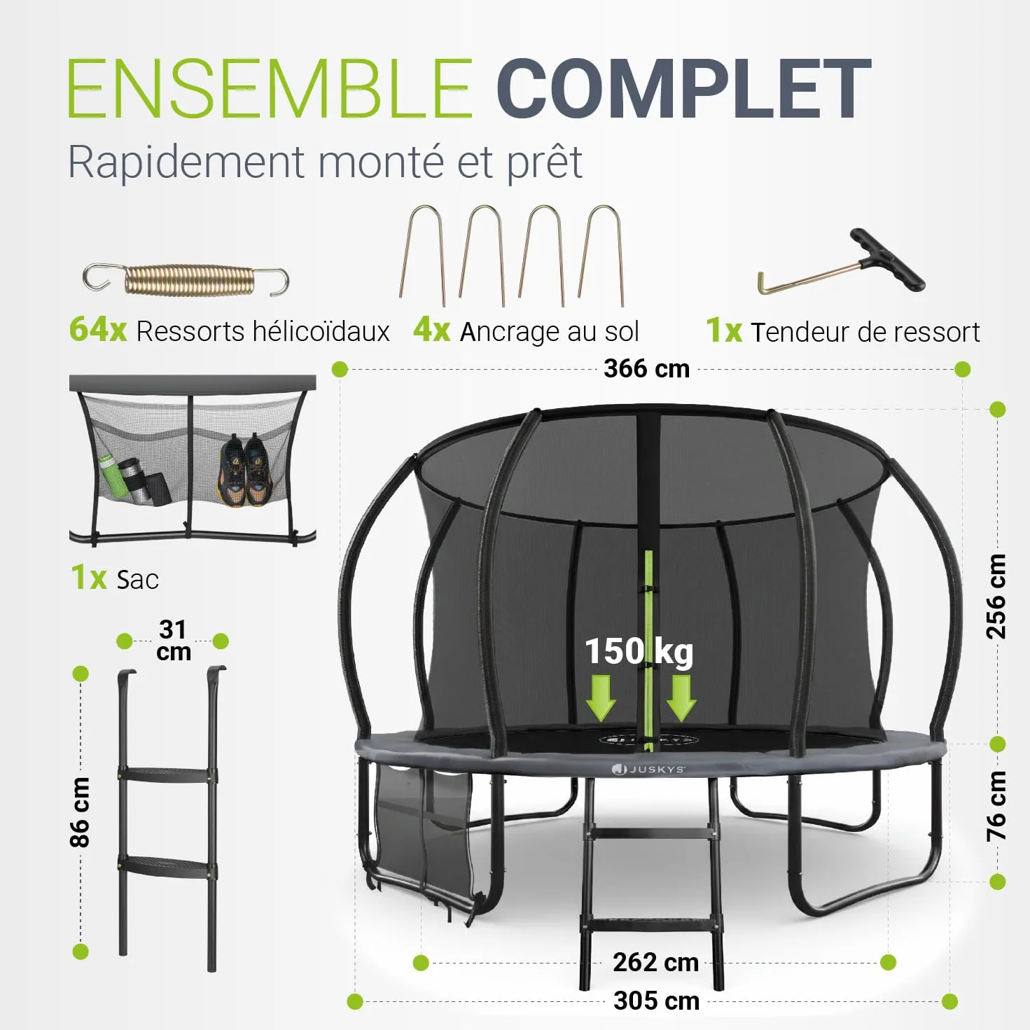 Trampoline SkyBounce Juskys avec Filet de sécurité extérieur Jardin