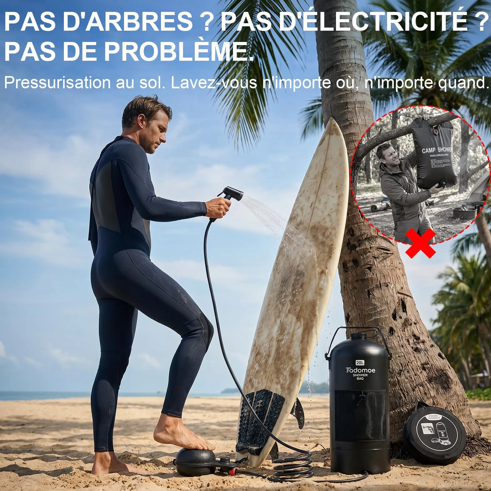 Douche Solaire Camping Portable 20L avec Pompe à Pied et Tuyau 2m - Sac de Douche Extérieur Pliable