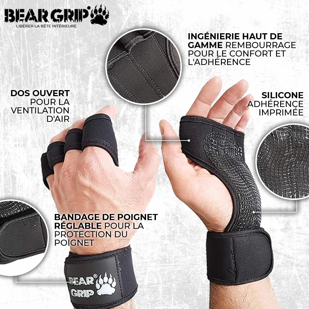 Bear Grip Gants d'entraînement Ouverts pour Crossfit, Musculation et haltérophilie