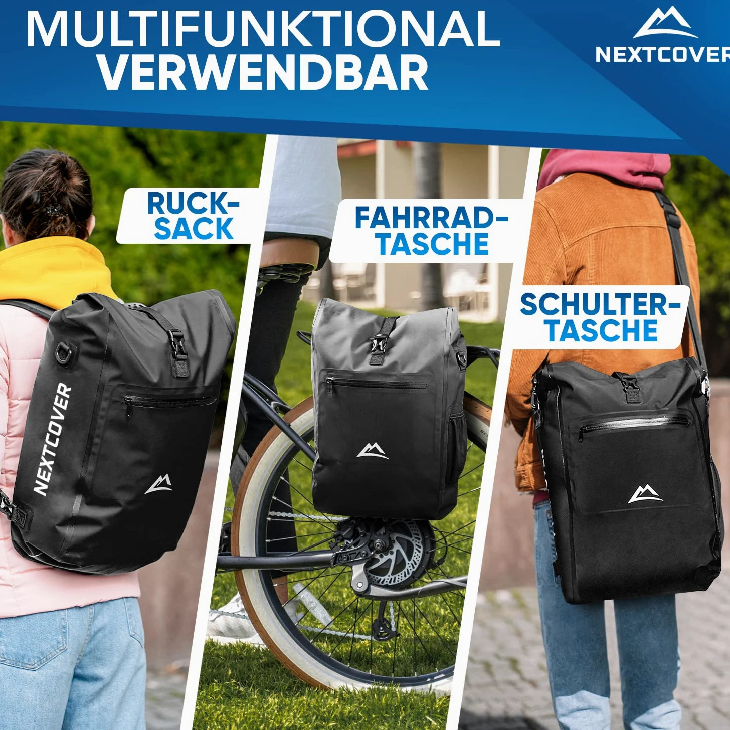 Nextcover® Aquashield Sacoche de vélo 3 en 1 pour porte-bagages - Sac à dos et sac à bandoulière - 25 l - Étanche