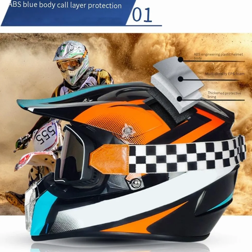 Casque Moto Hors Route Enfant avec Gants Lunettes Masque, MTB VTT BMX Descente Cross, Unisexe