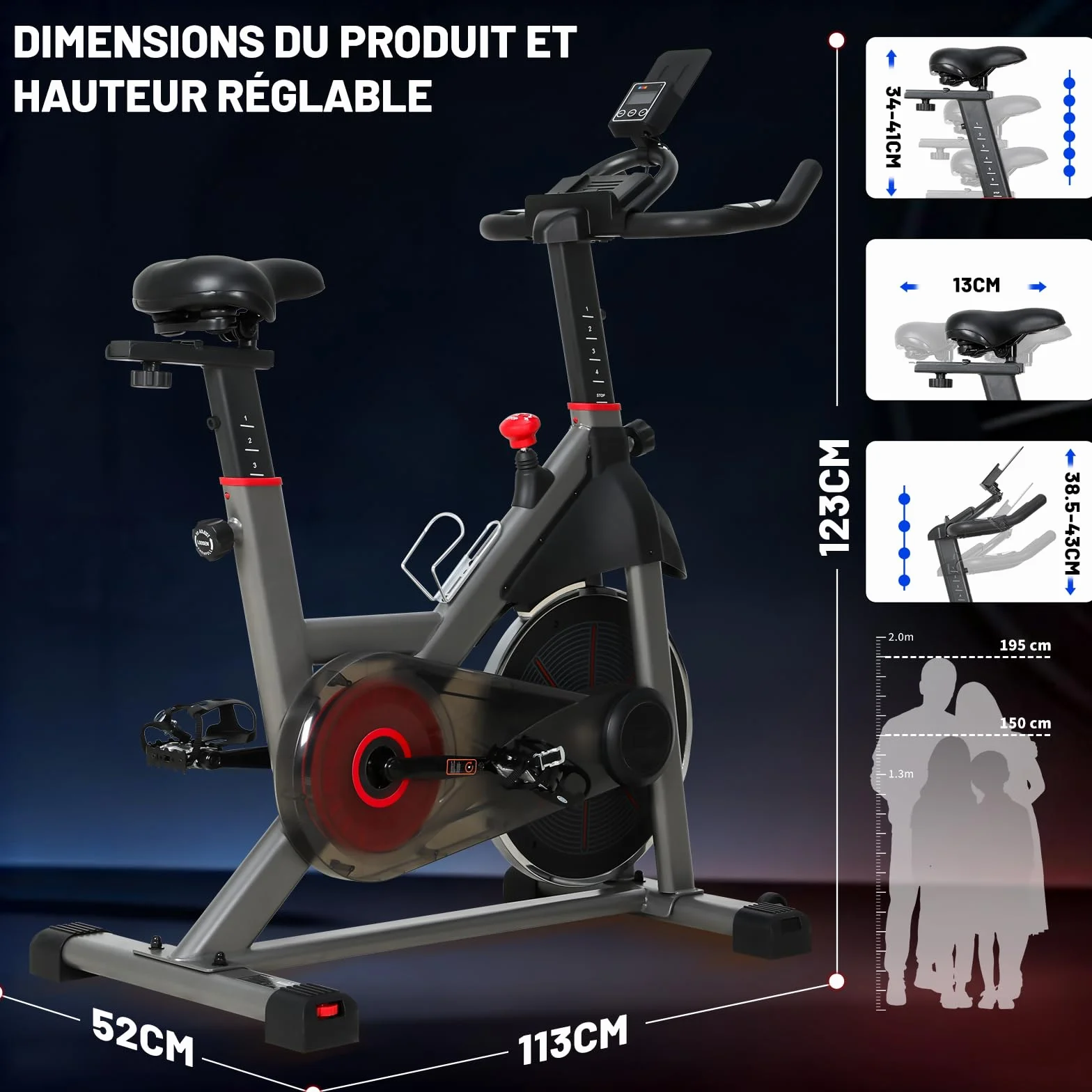 Vélo d'Appartement Résistance Ajustable Silencieux Volant d'Inertie 8KG Écran LED Selle Réglable