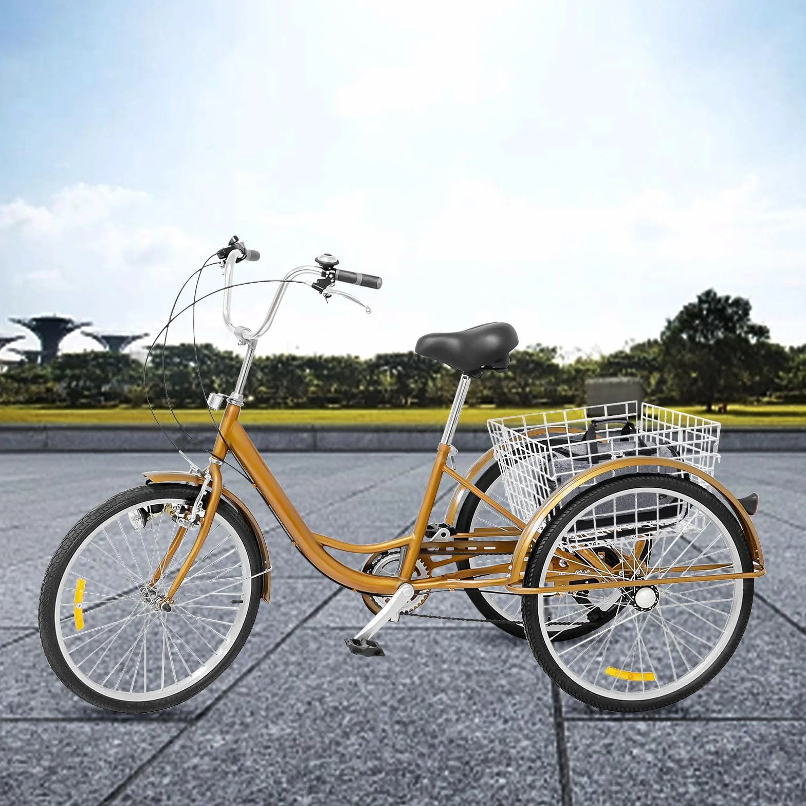Tricycle pour adultes 24 pouces 6 vitesses avec lumière et panier à provisions