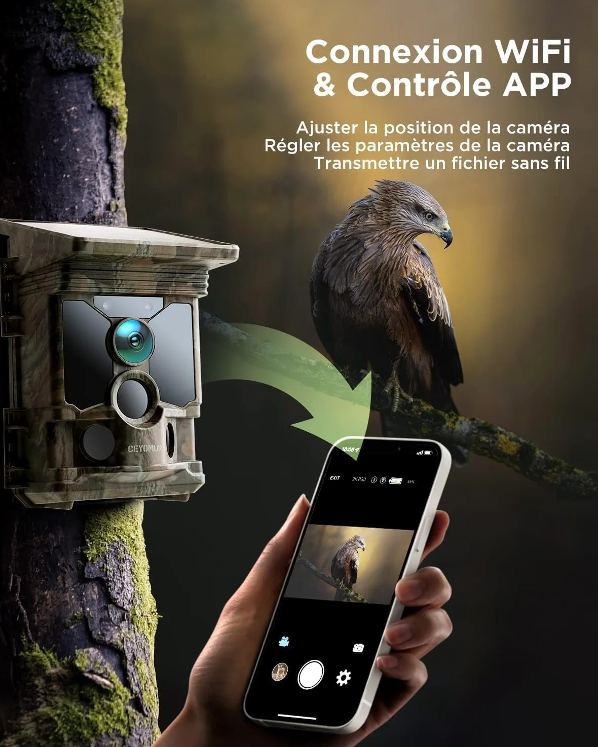 CEYOMUR Caméra 4K 30fps 40MP WiFi Bluetooth avec Vision Nocturne et détection de Mouvement 120° étanche IP66 pour la Surveillance de la Faune