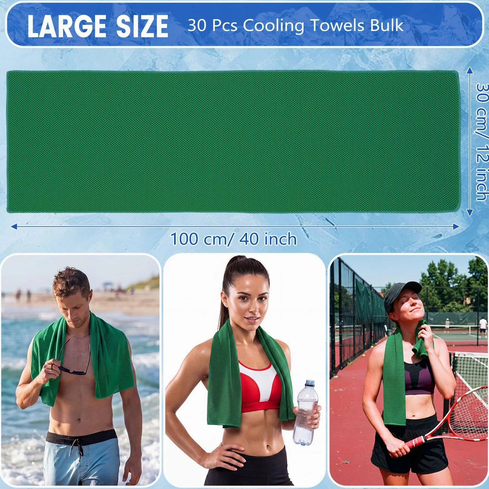 Lot de 30 Serviettes rafraîchissantes 101,6 cm x 30,5 cm,Tour de Cou rafraîchissant,Douces et Respirantes,en Microfibre,pour Le Sport (Yoga,Course à Pied,Gym,Camping,Fitness) - Vert
