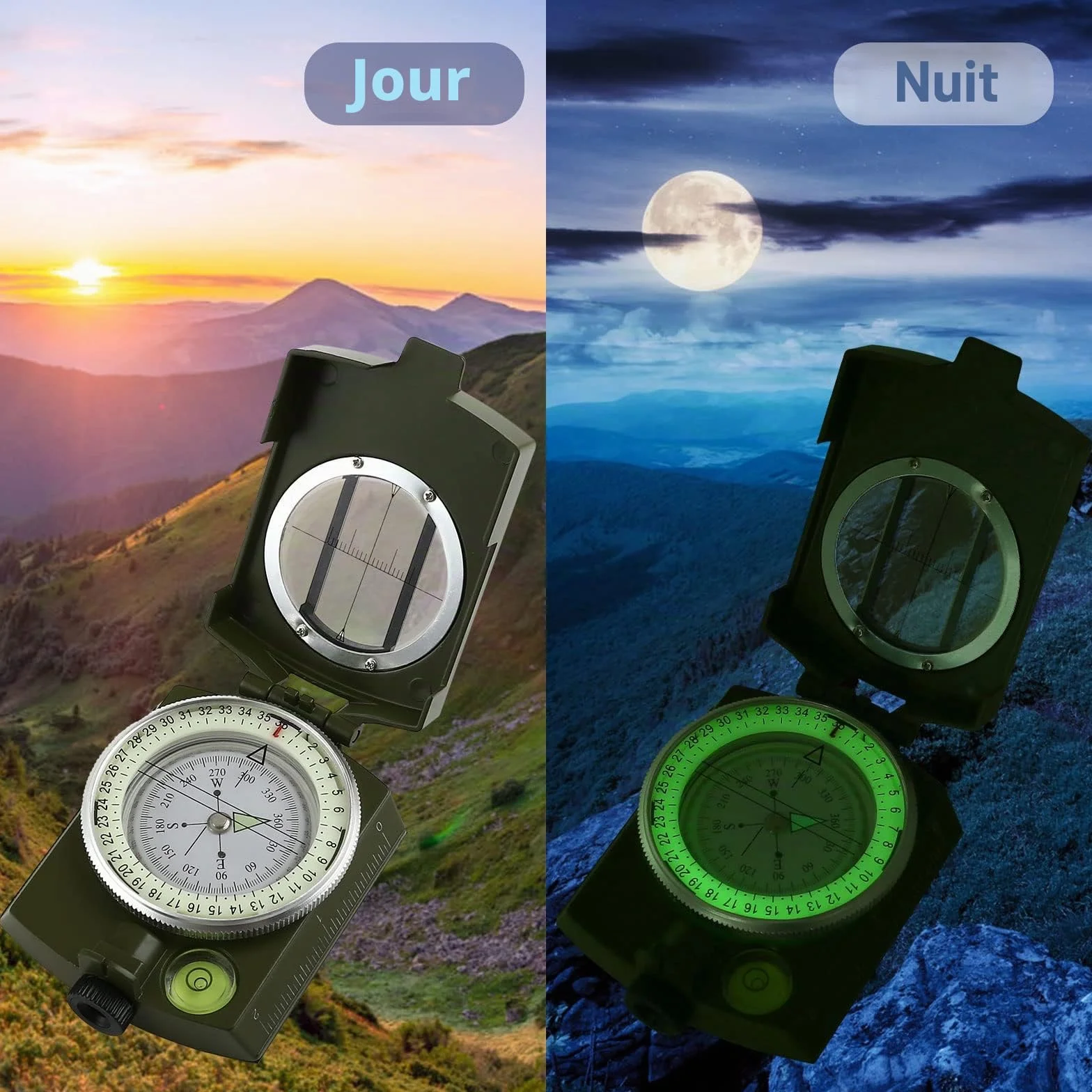 Boussole Multifonctionnelle Professionnelle Militaire en Métal Vert Armée pour Randonnée Camping
