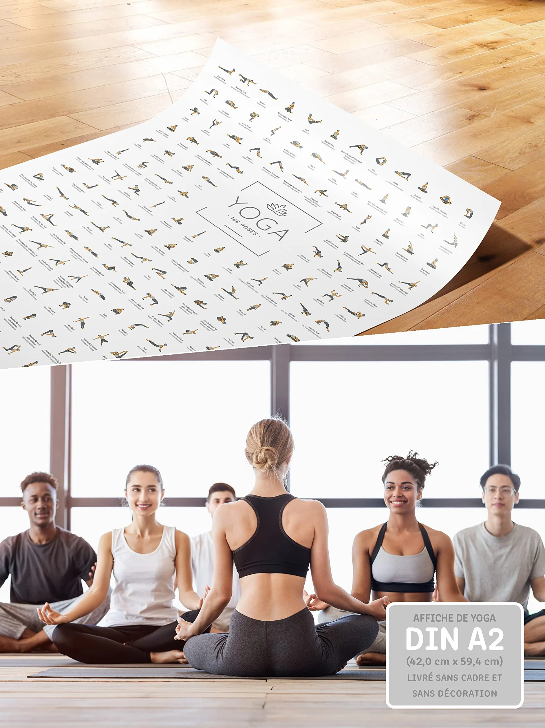 Poster de Yoga DIN A2 168 postures et asanas, accessoires de yoga pour studios et domicile JUNOMI