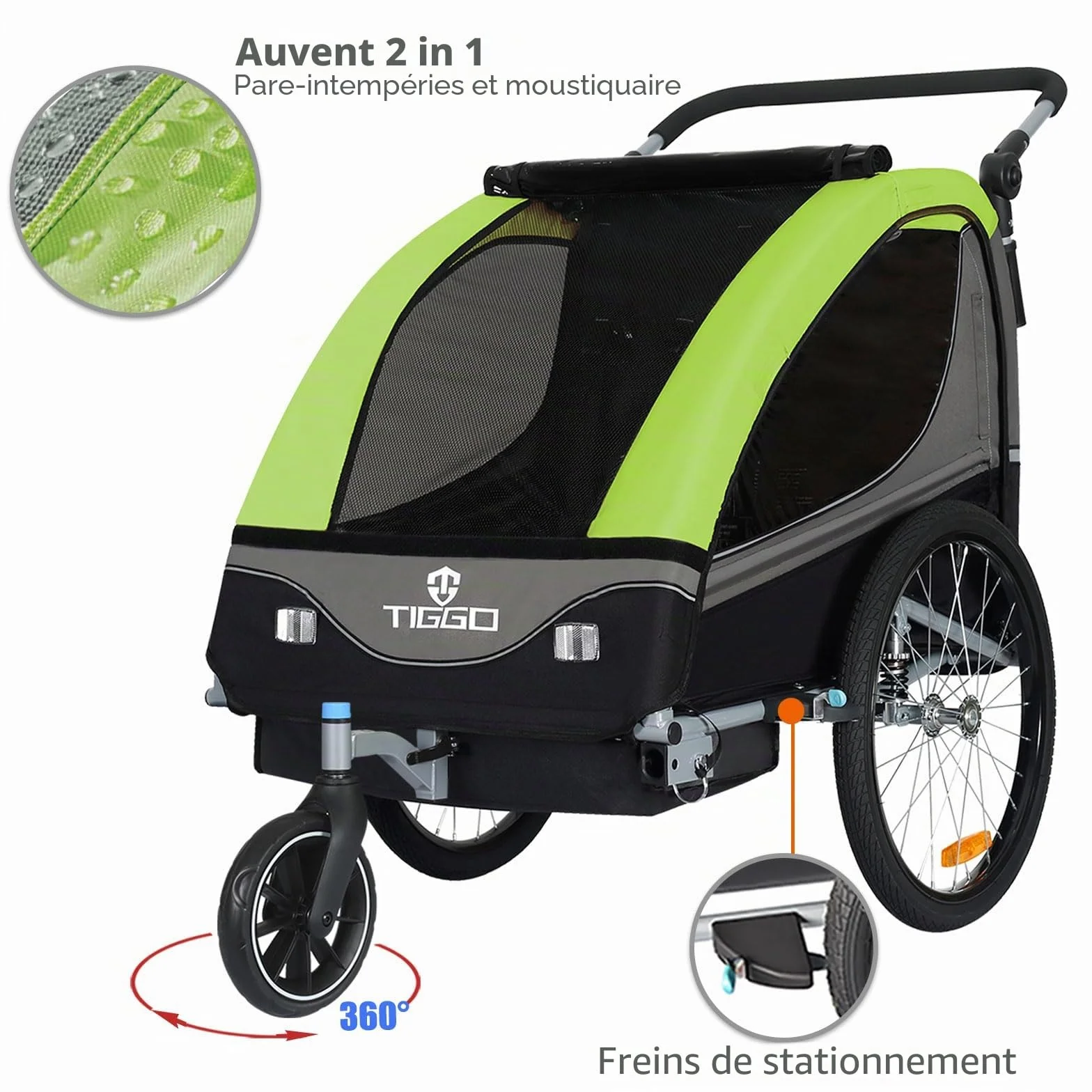 Tiggo S2 Remorque pour Enfants 2 en 1 Velo Suspension 5 Points Ceinture de securite 360° Roue Jogger Poussette