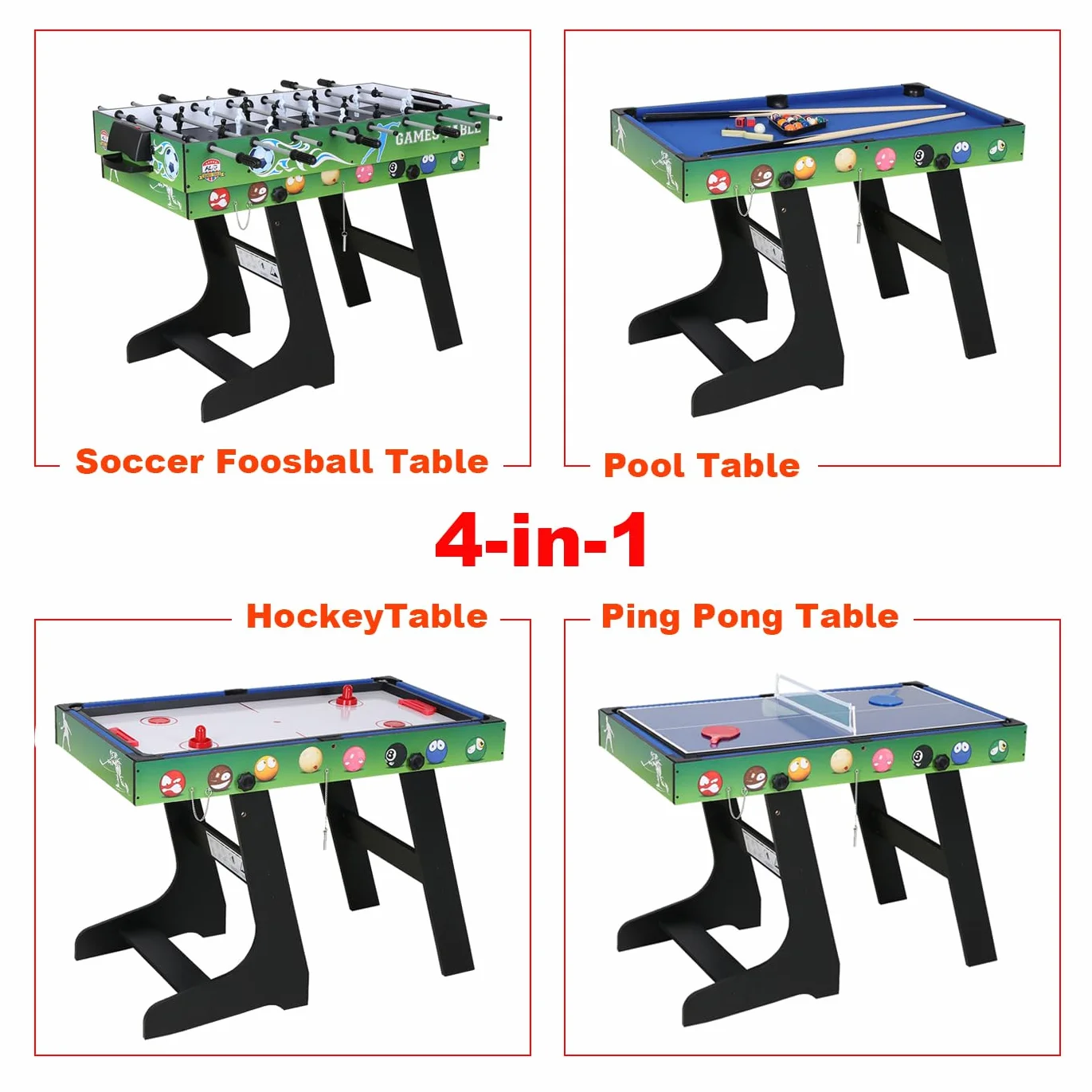 HLC Table Multijeux 4 en 1, Baby Foot Pliable, Multifonction Sport Babyfoot/Billard/Tennis de Table/Hockey, Convient Aux Adultes Et Aux Enfants Plaisir Familial.