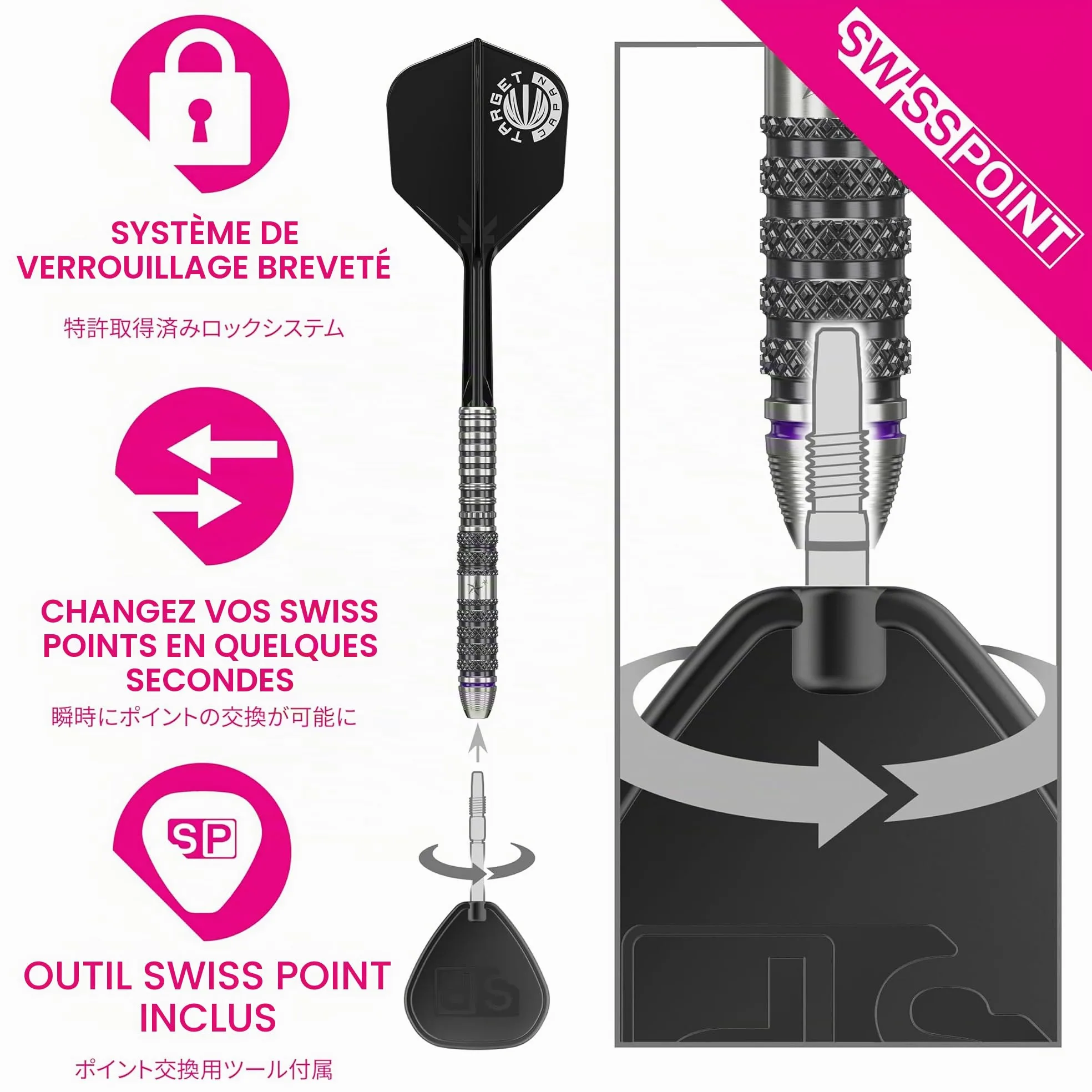 Target Japan Prime Series Sirius G3 90% Tungstène K-Flex Swiss Point Ensemble de fléchettes à Pointe d'acier, 23G | Yuta Hayashi KFlex Dart Flight, Swiss Nano Points, Pointes de fléchettes en Acier
