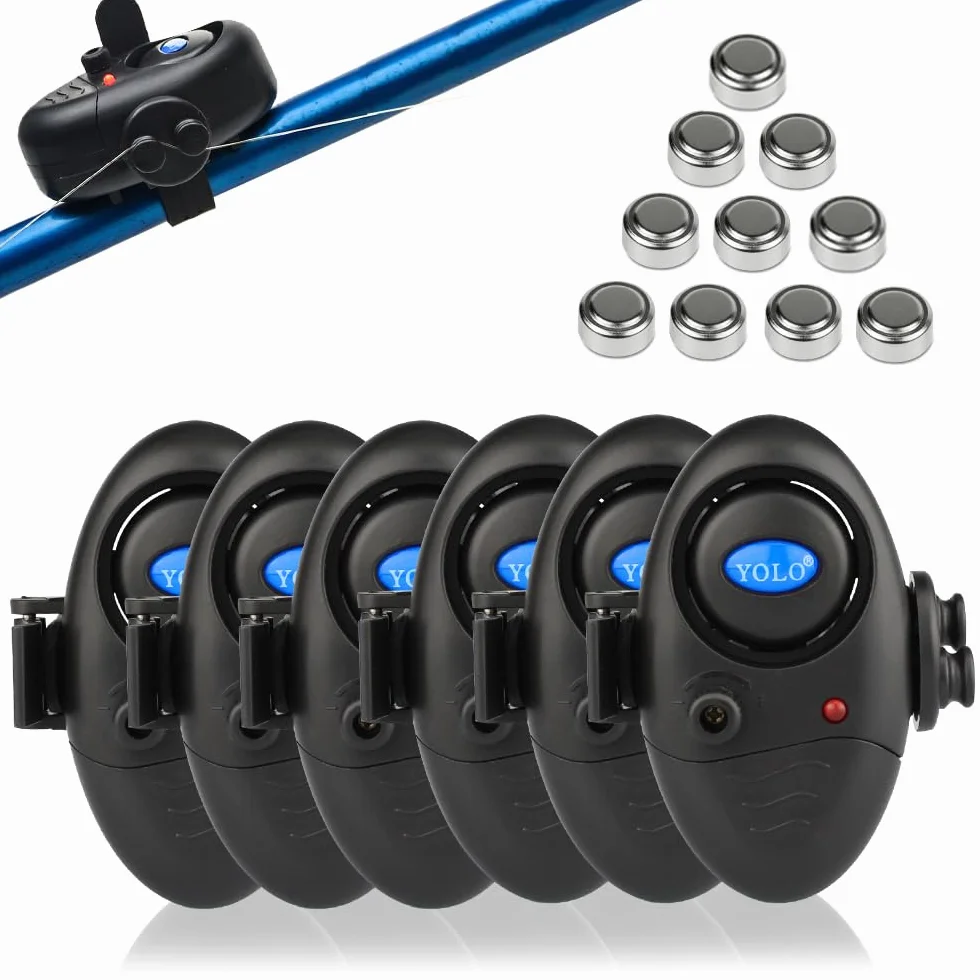 Coolnice 6pcs Détecteurs de Touche électroniques Sensible de Canne à Pêche Alarme de Pêche avec Indicateur Lumineux LED et Son d'Alarme Réglable pour Pêche Nuit Pêche Maritime Nocturne -avec Pile