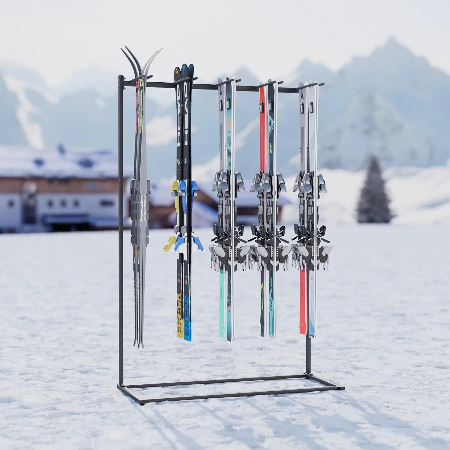 QLS Support à Skis sur Pied pour 10 Paires 175 cm Noir | Structure thermolaquée avec bras caoutchoutés, 117 × 50 × 175 cm, garage ou local à skis