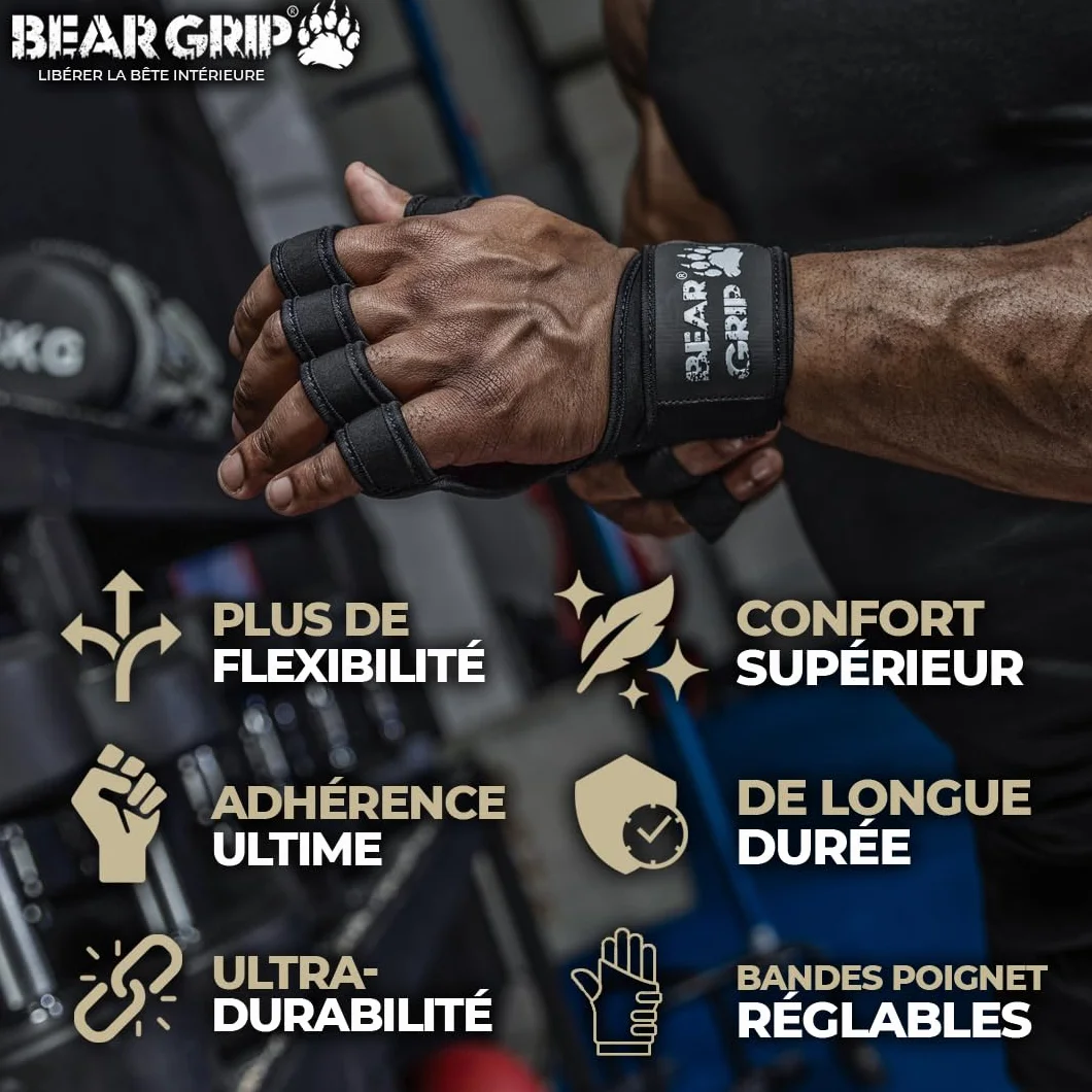 Bear Grip Gants d'entraînement Ouverts pour Crossfit, Musculation et haltérophilie