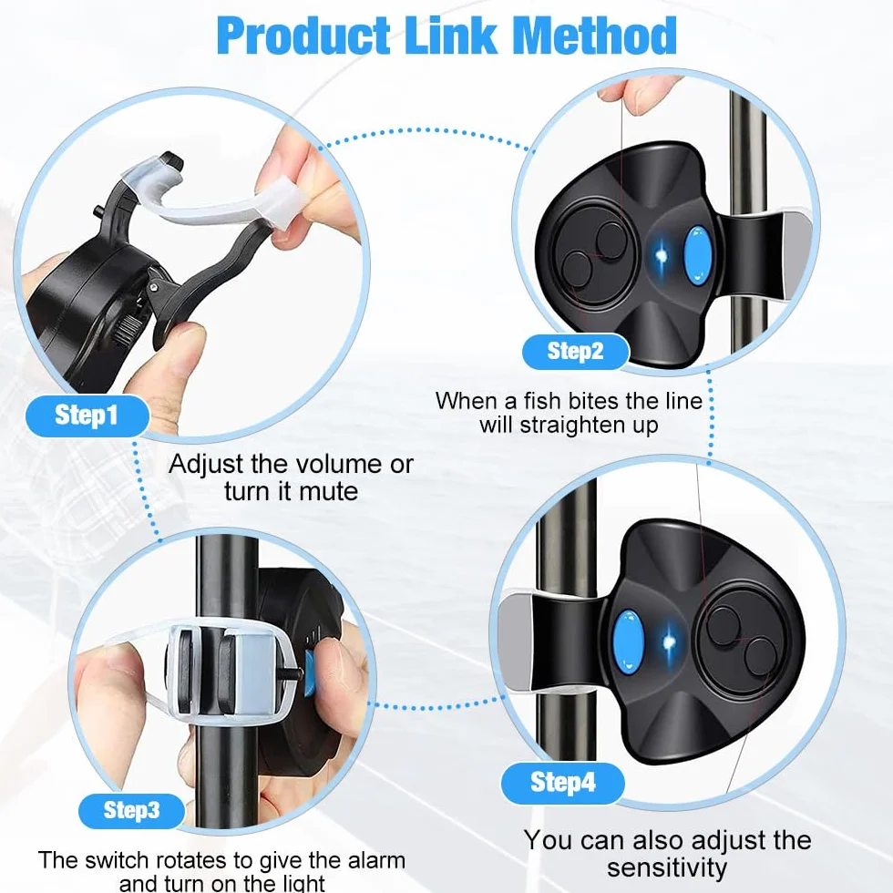 Mizikuu Lot de 3 détecteurs de touche électroniques à LED Light-Strike LED - Alarme de pêche avec détecteur de mouvement - Veilleuse - Pointe de canne à pêche à clip