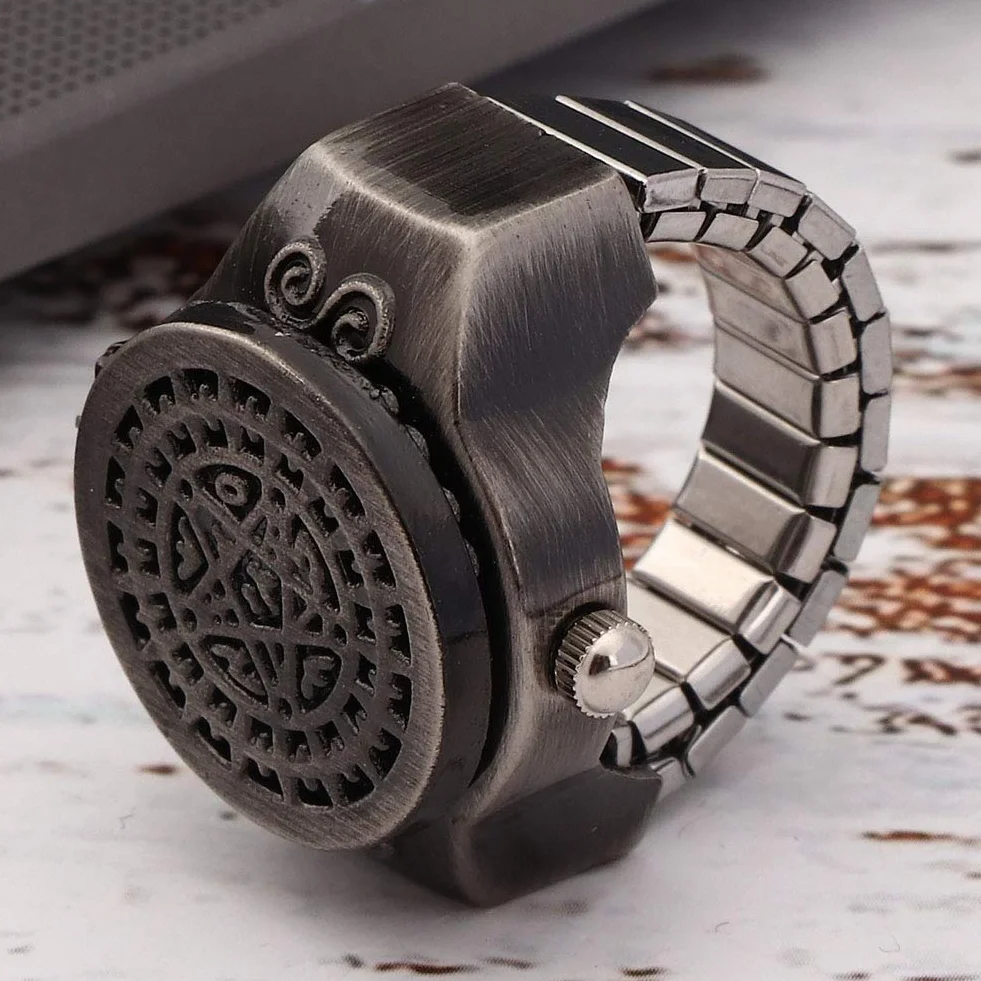 Pongnas Ring Watch Vintage Quartz Horloge à Doigt Flip Up Couvercle Hommes