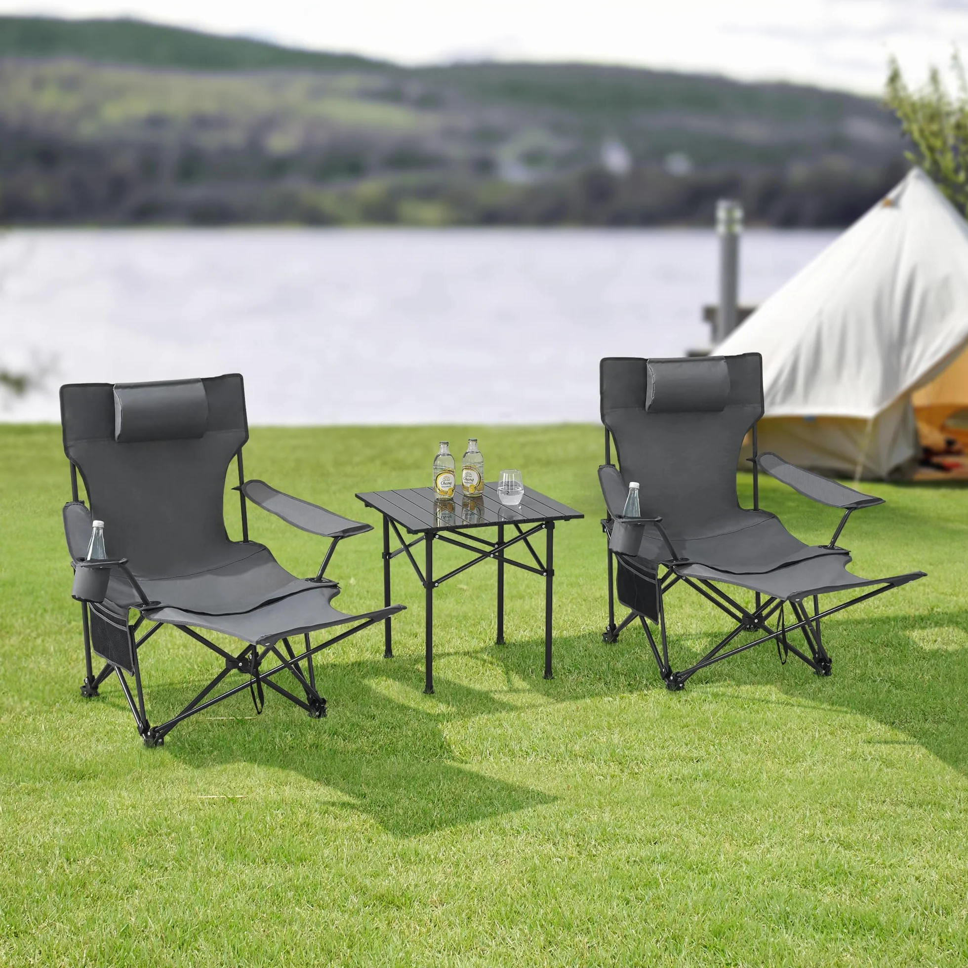 casa.pro Set de Table et 2 Chaises de Camping Pliantes d'Extérieur Siège Confortable avec Dossier Réglable Appuie-Tête Repose-Pieds Porte-Gobelet pour Festival Pêche Pique-Nique Plage Acier Gris