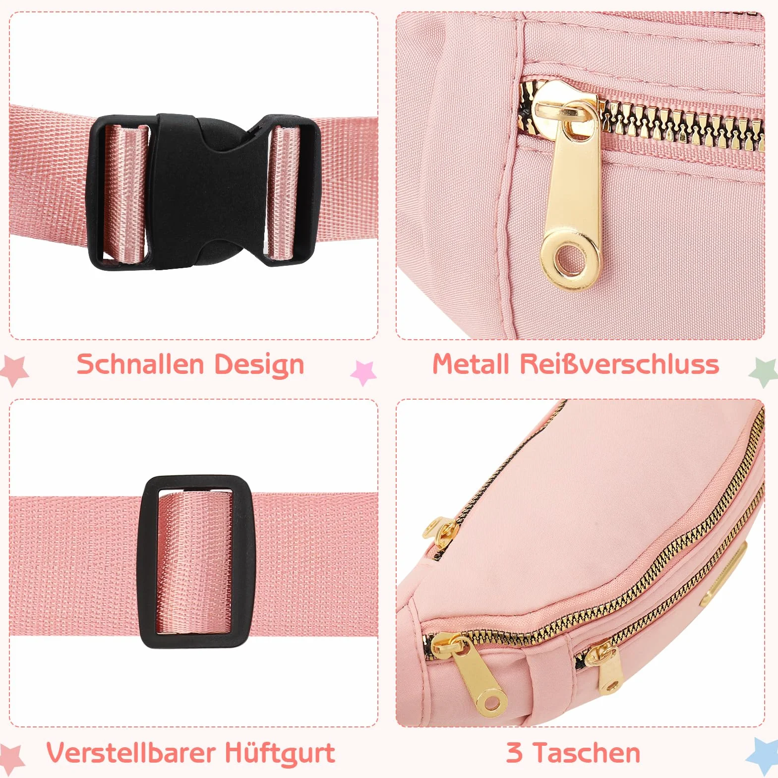 Sac Banane Femme Homme Ceinture Running Téléphone Portable Voyage Sangle Réglable Rose Noir