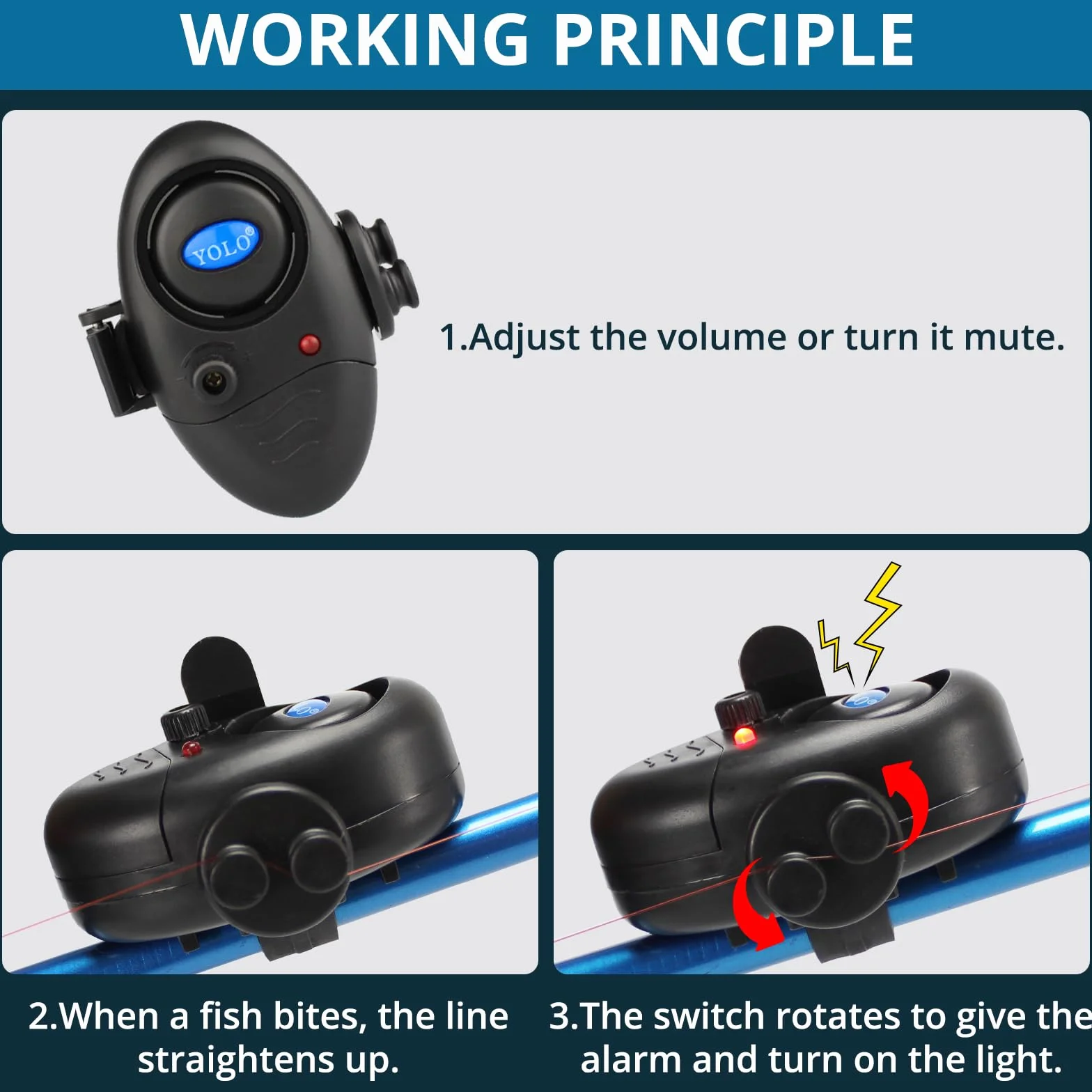 Coolnice 6pcs Détecteurs de Touche électroniques Sensible de Canne à Pêche Alarme de Pêche avec Indicateur Lumineux LED et Son d'Alarme Réglable pour Pêche Nuit Pêche Maritime Nocturne -avec Pile