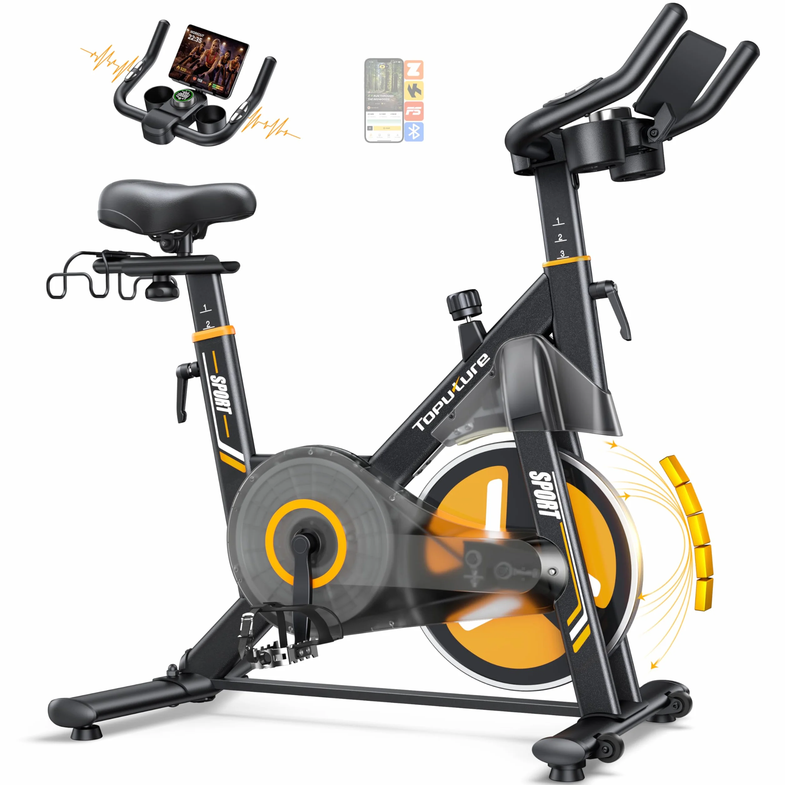 TOPUTURE Vélo d'Appartement Silencieux Résistance Magnétique Électrique 32 Niveaux Écran Tactile App Capteur Cardiaque Support Haltères 150kg