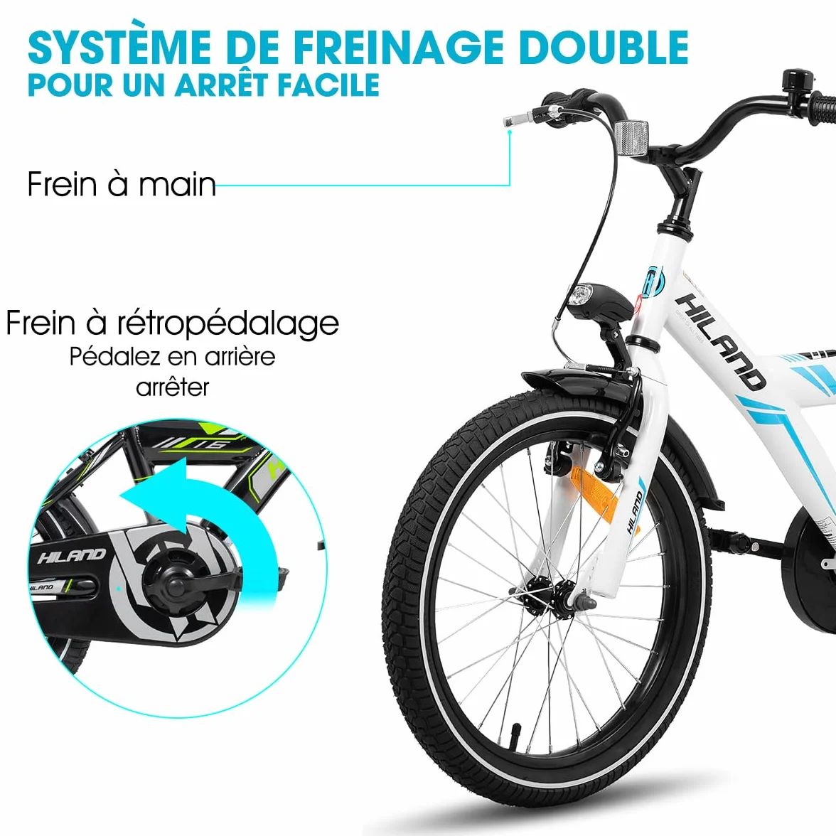 HILAND Sentry Vélo Enfant 16/18 Pouces 4-8 Ans Fille Garçon Frein à Main Rétropédalage Noir Blanc