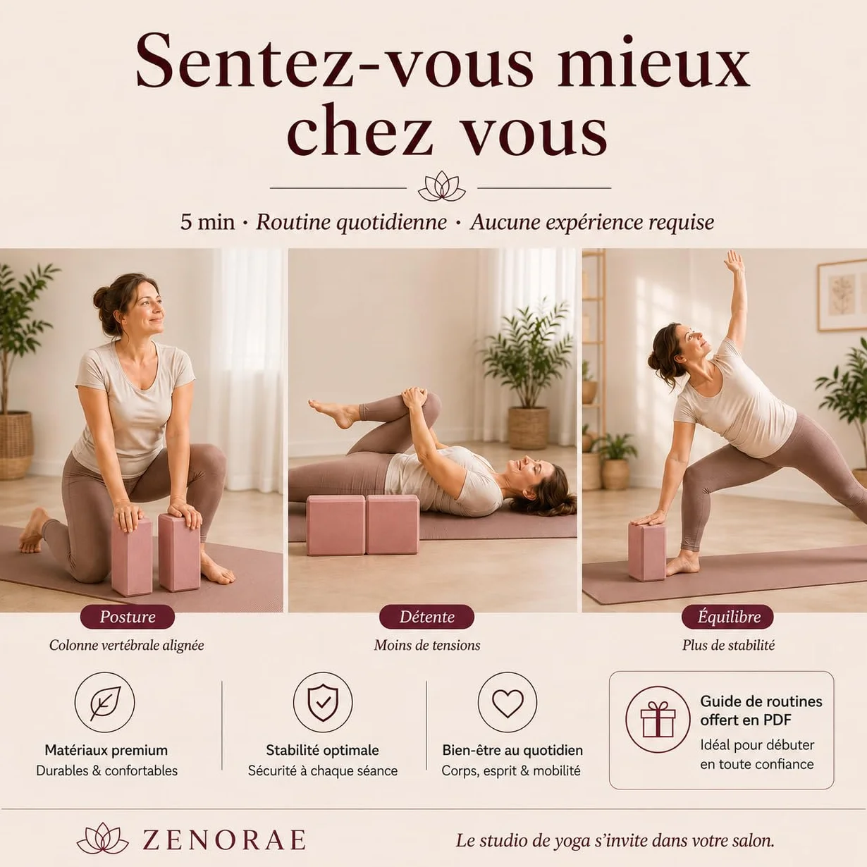 Kit Yoga ZENORAE – 2 Blocs EVA Haute Densité + Sangle Coton 2,5m – Briques Antidérapantes
